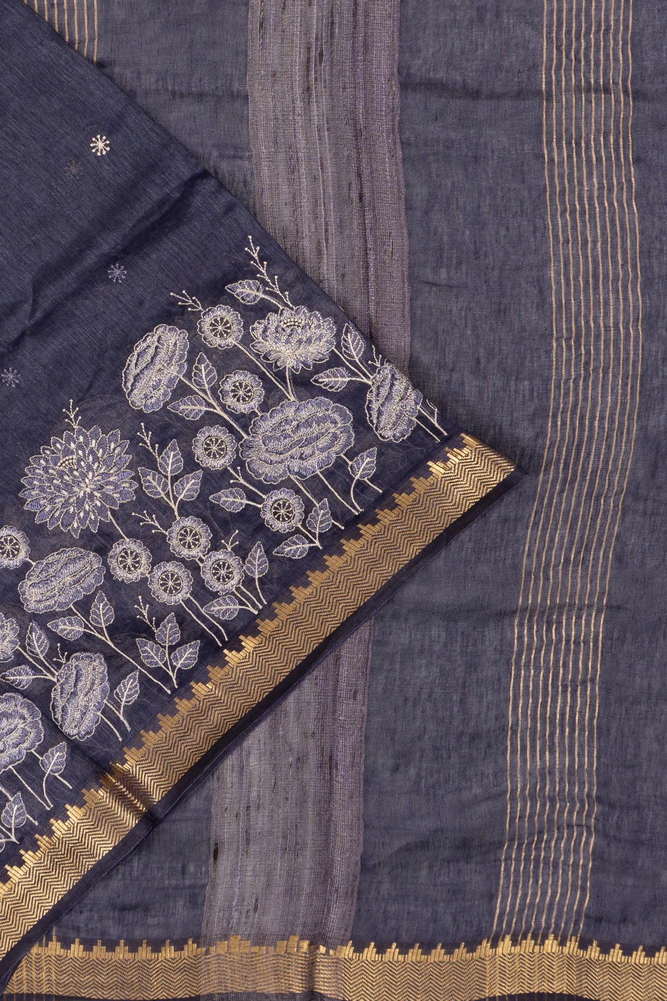 Linen Embroidery Butta Midnight Blue Saree