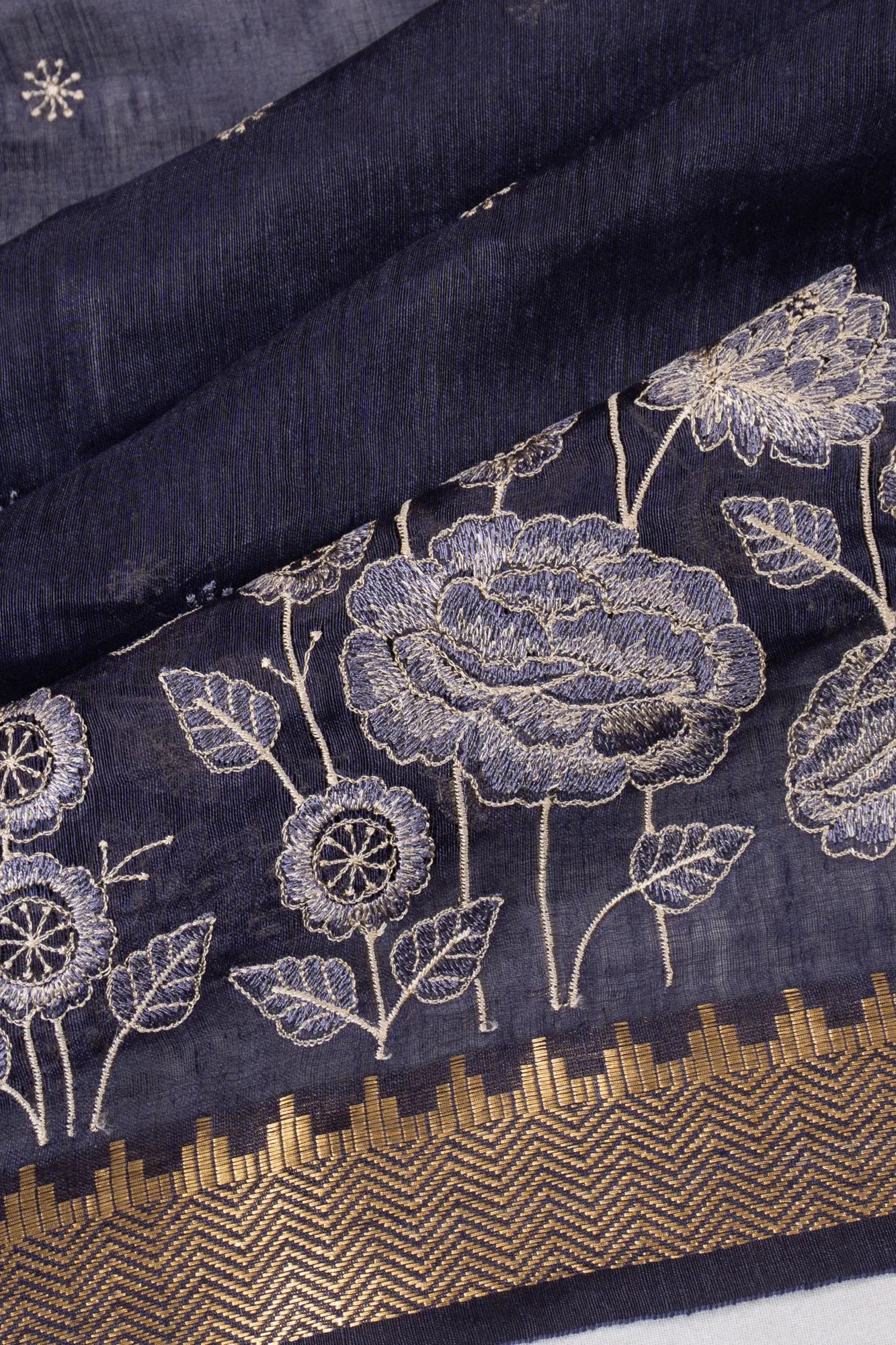 Linen Embroidery Butta Midnight Blue Saree