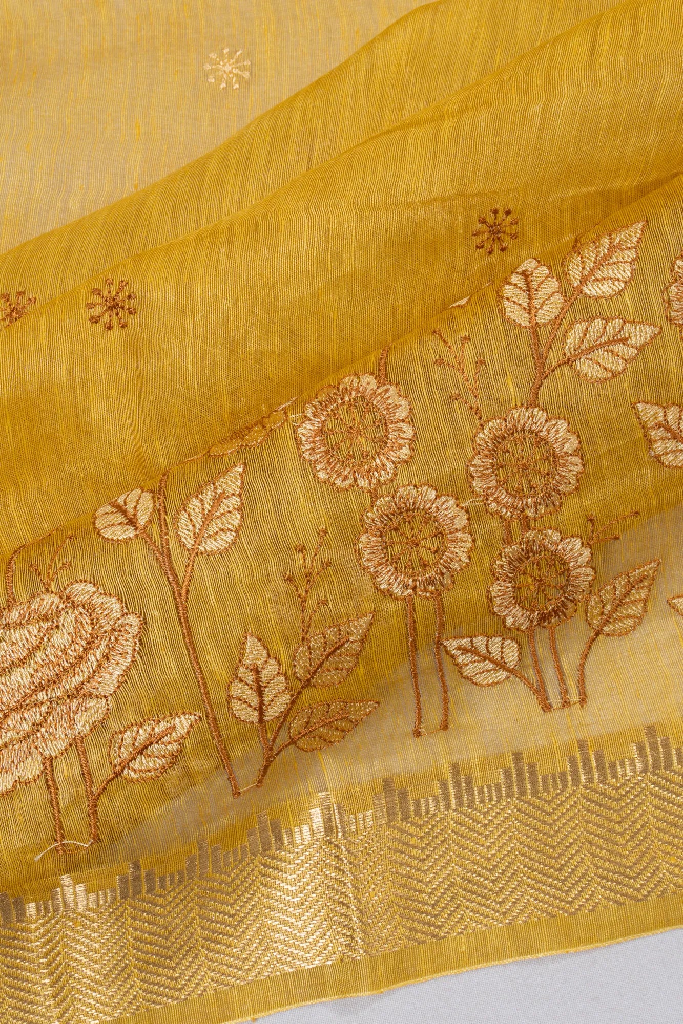Linen Embroidery Butta Yellow Saree