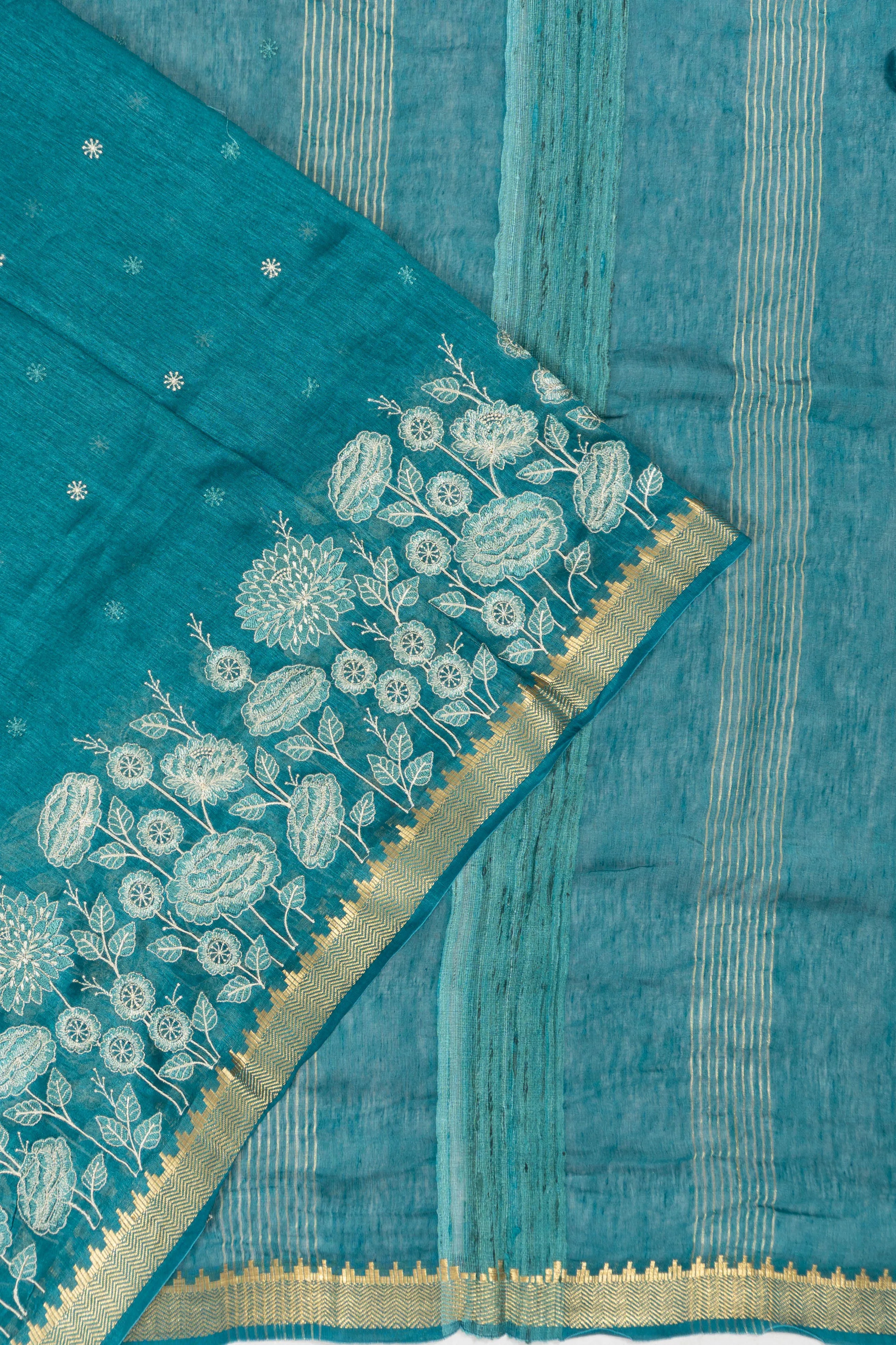Linen Embroidery Butta Blue Saree