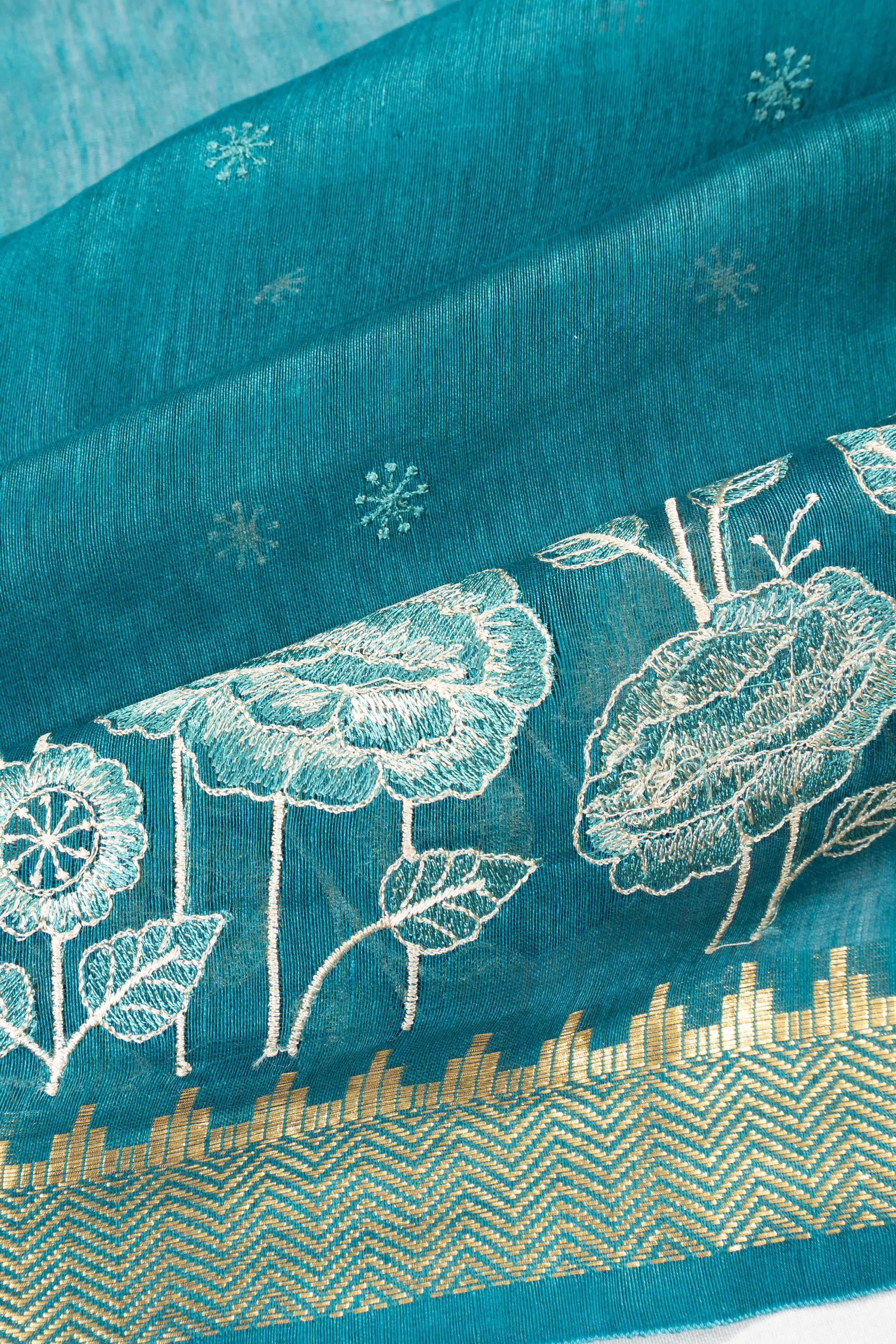 Linen Embroidery Butta Blue Saree