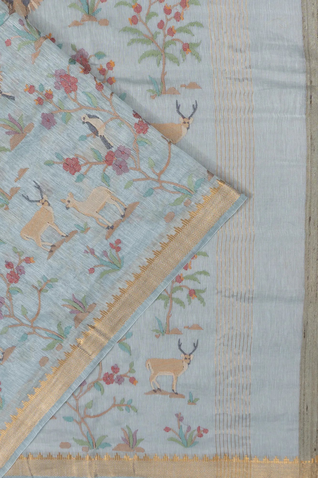 Linen Embroidery Brocade Sea Blue Saree