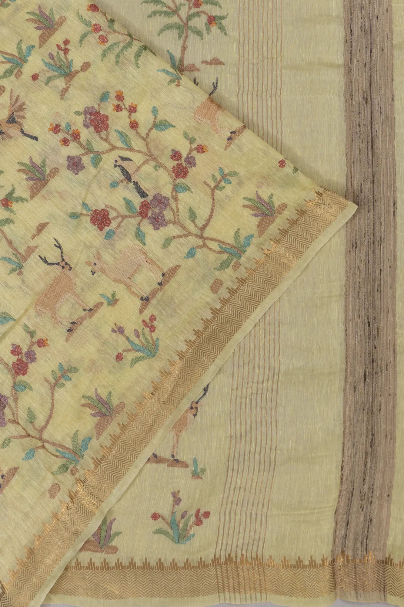 Linen Embroidery Brocade Pale Yellow Saree