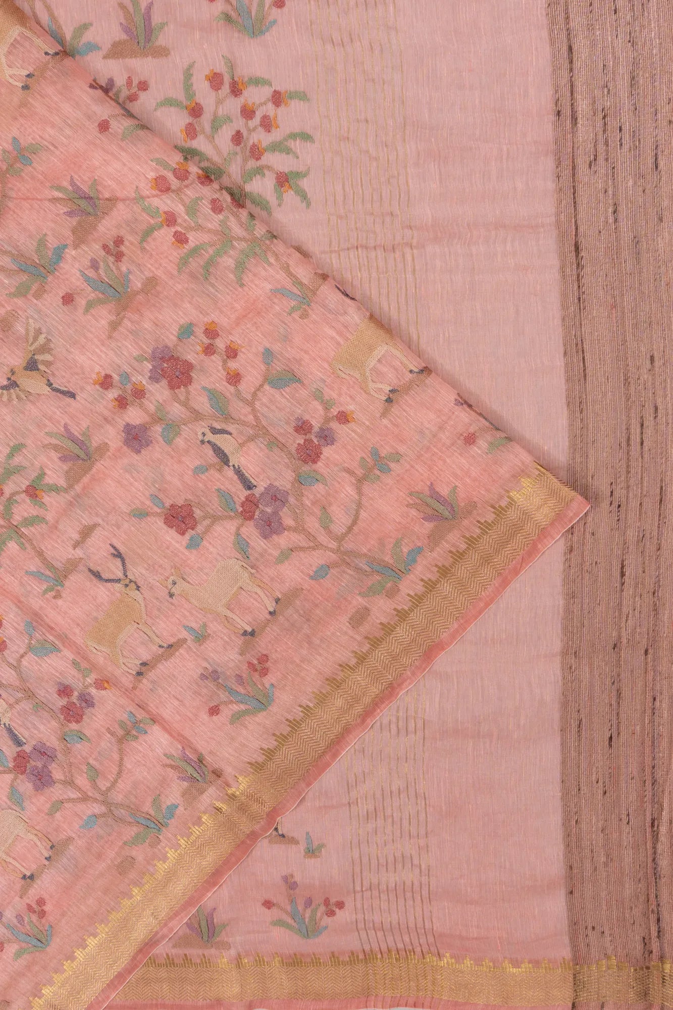 Linen Embroidery Brocade Pastel Orange Saree