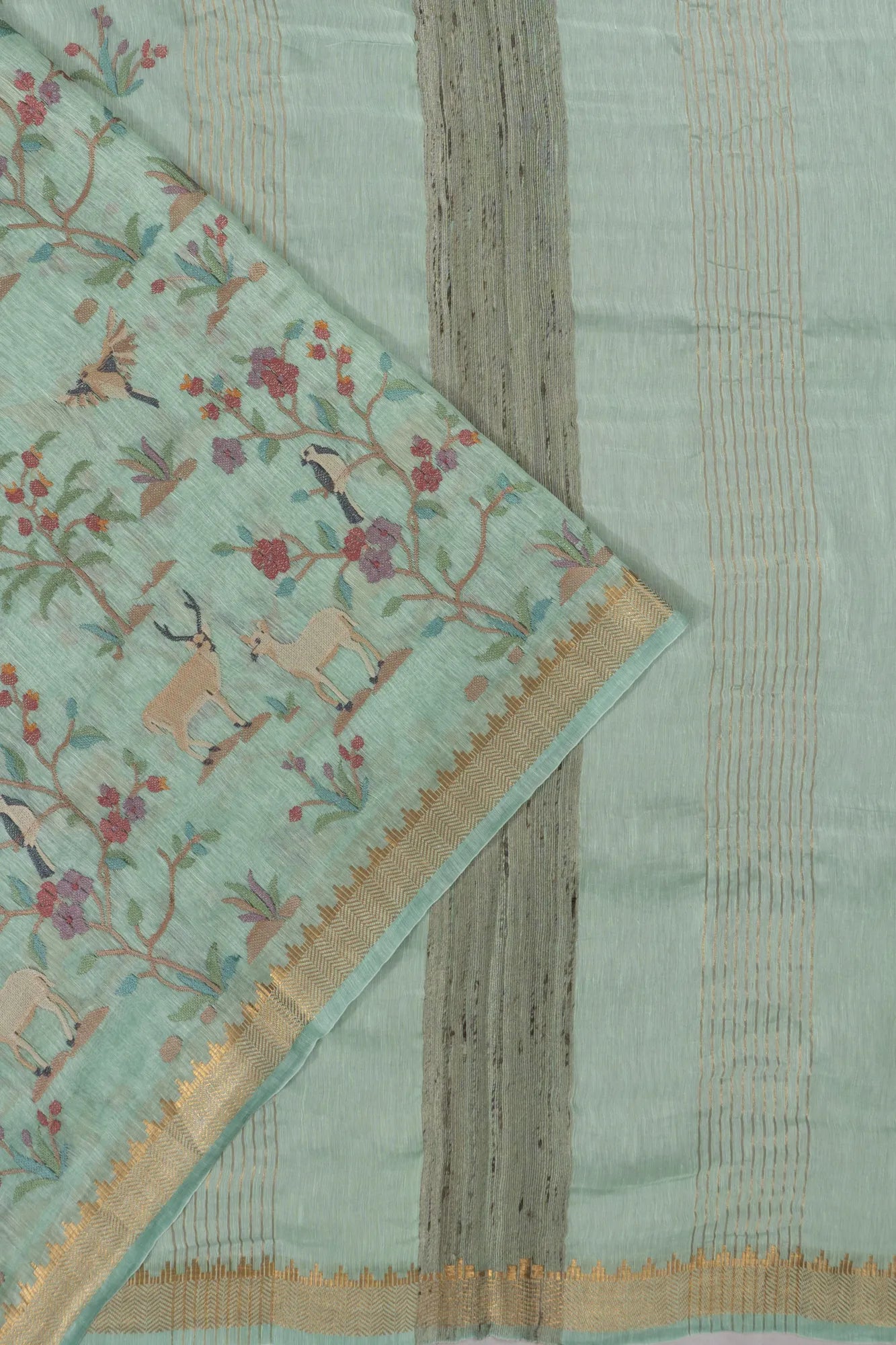 Linen Embroidery Brocade Sea Green Saree