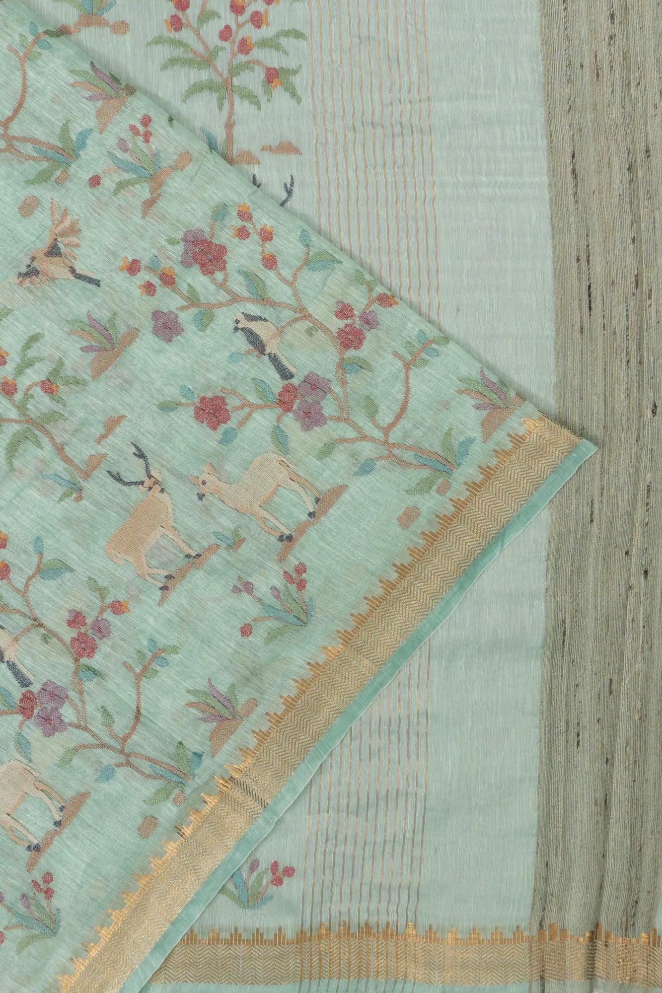 Linen Embroidery Brocade Sea Green Saree