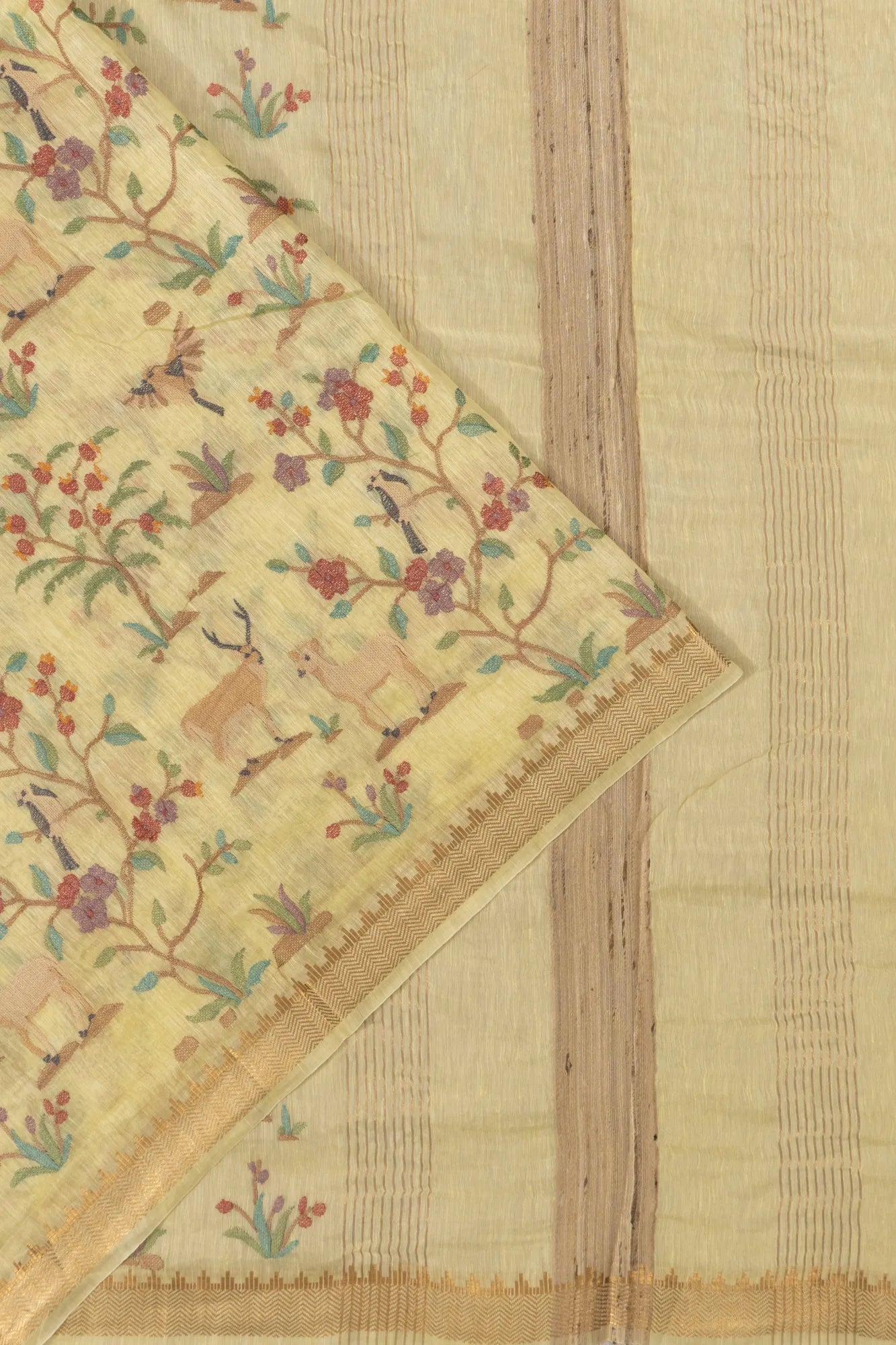 Linen Embroidery Brocade Yellow Saree