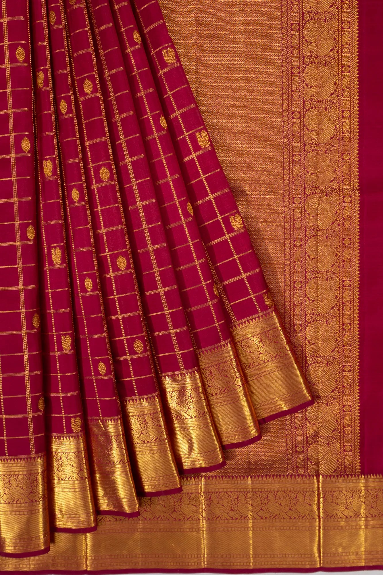 Kanchipuram Silk Checks And Butta Dark Pink Saree