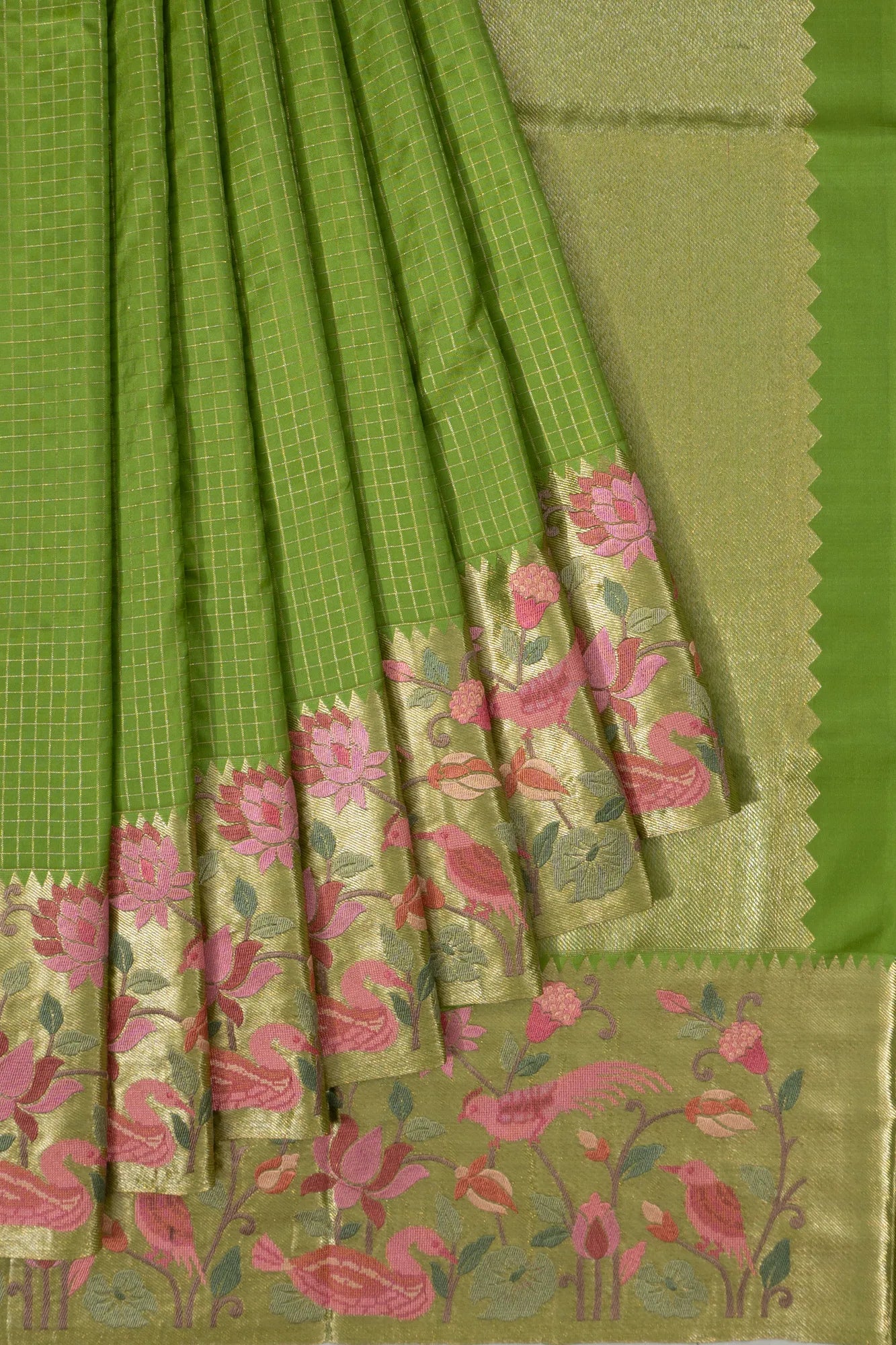 Kanchipuram Silk Checks Green Saree With Embroidery Border