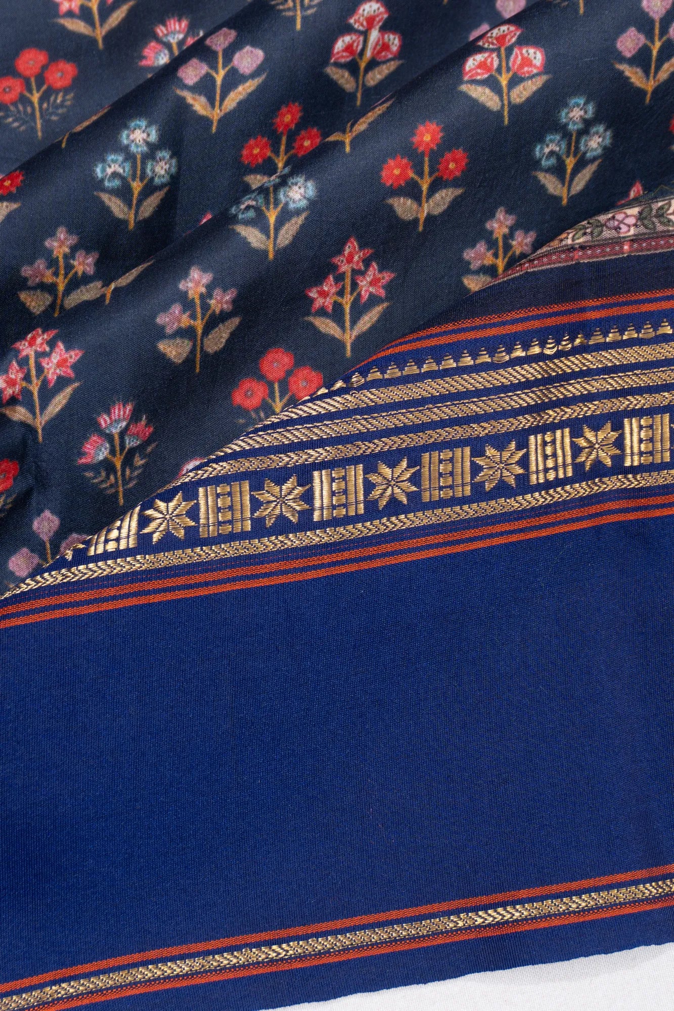 Kanchipuram Silk Floral Printed Midnight Blue Saree