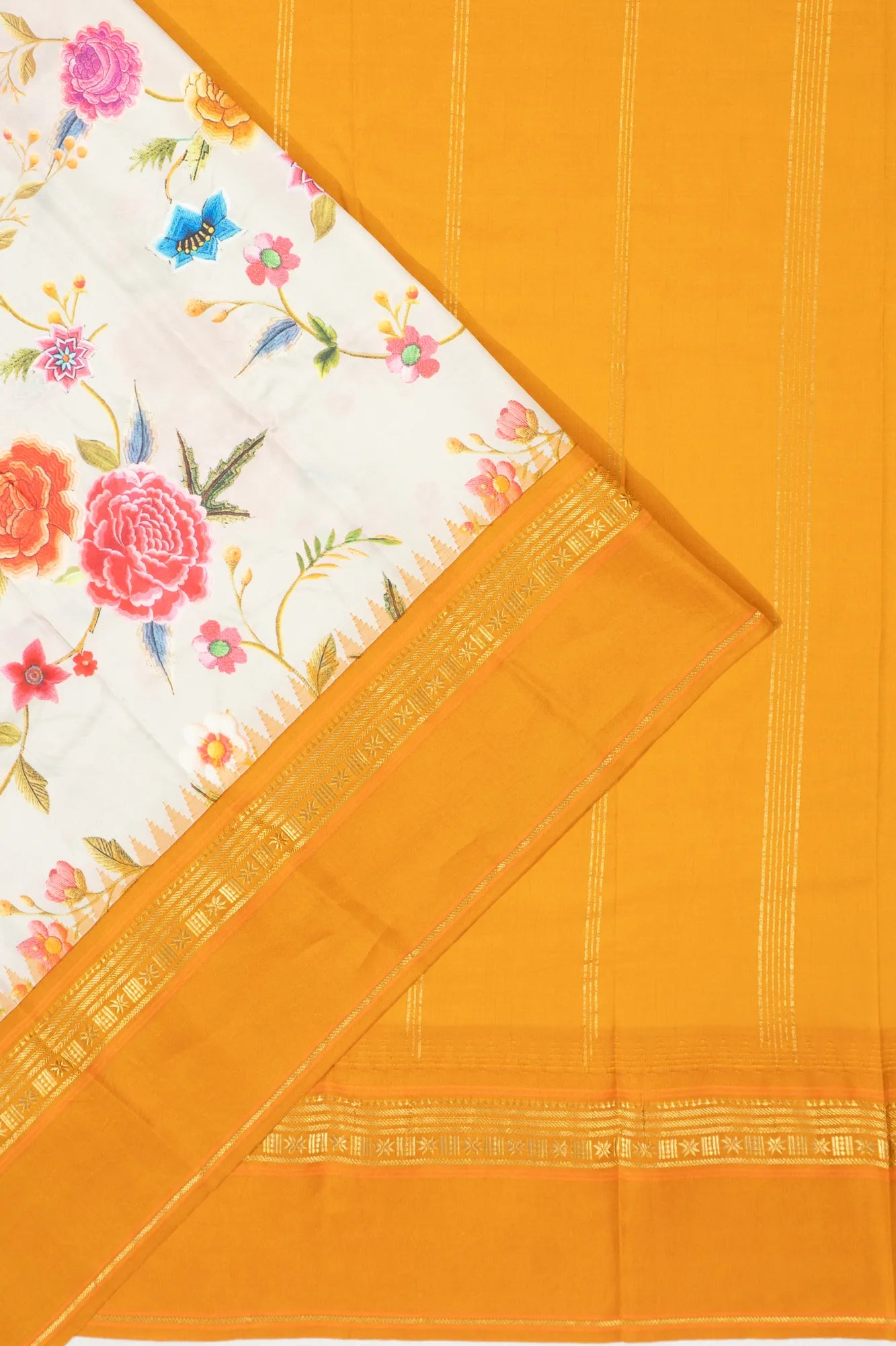 Kanchipuram Silk Floral Printed White Saree