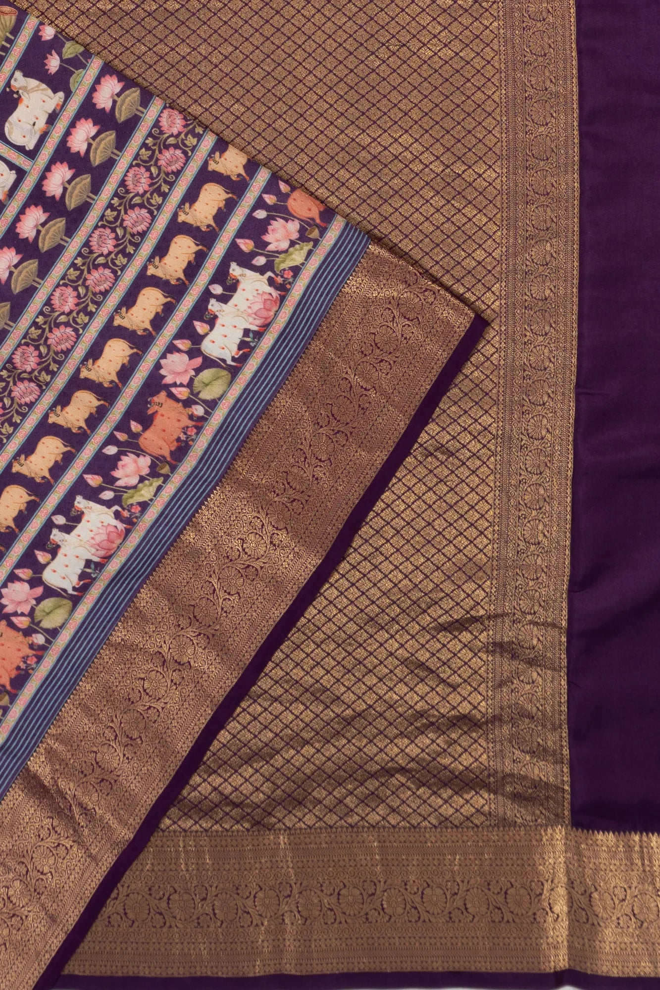 Kanchipuram Silk Floral And Pichwai Printed Violet Saree