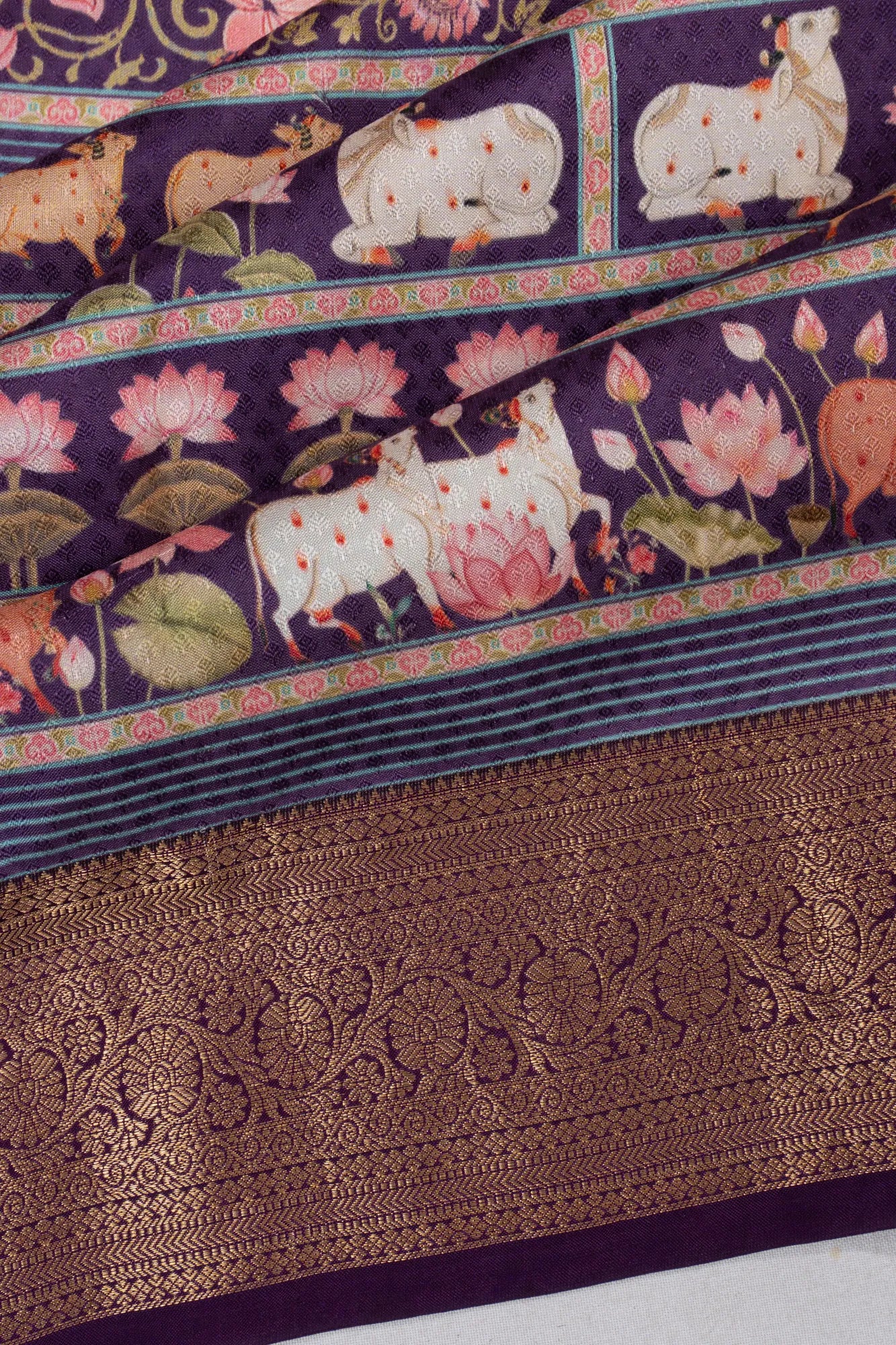 Kanchipuram Silk Floral And Pichwai Printed Violet Saree