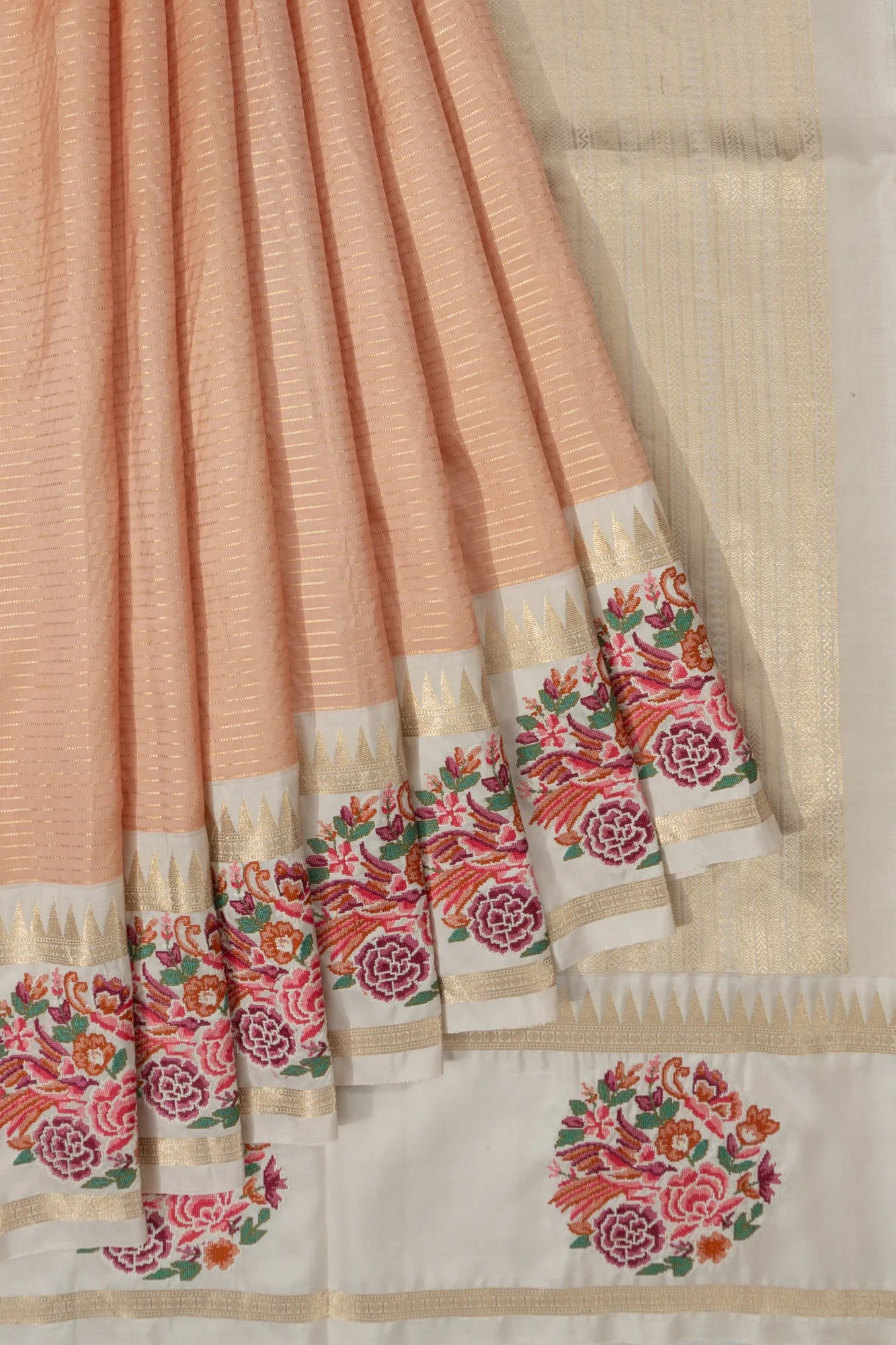 Kanchipuram Silk Horizontal Lines Pastel Orange Saree With Embroidery Border
