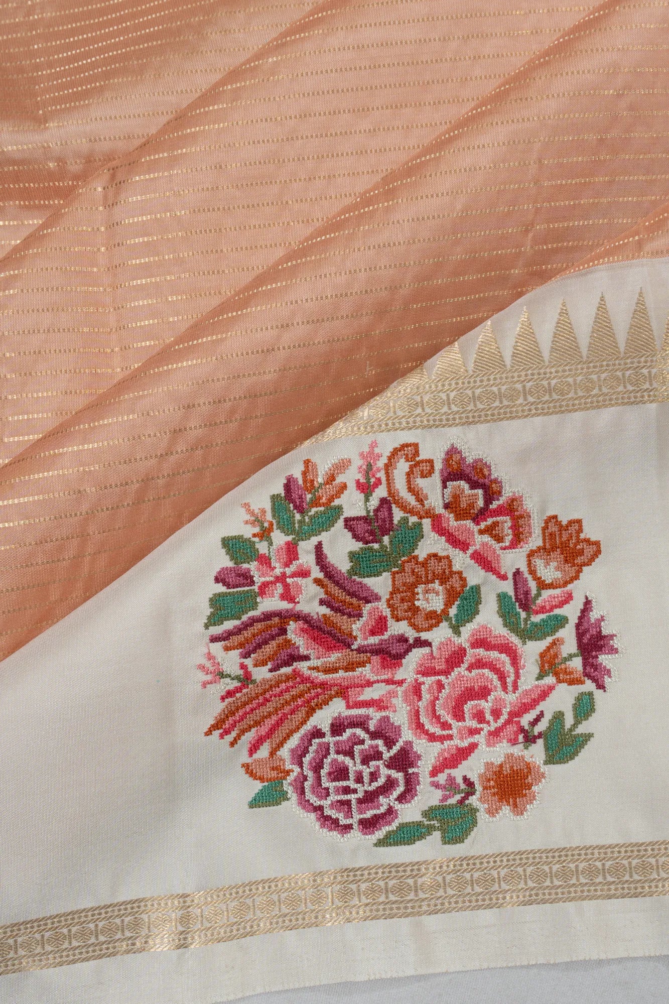 Kanchipuram Silk Horizontal Lines Pastel Orange Saree With Embroidery Border