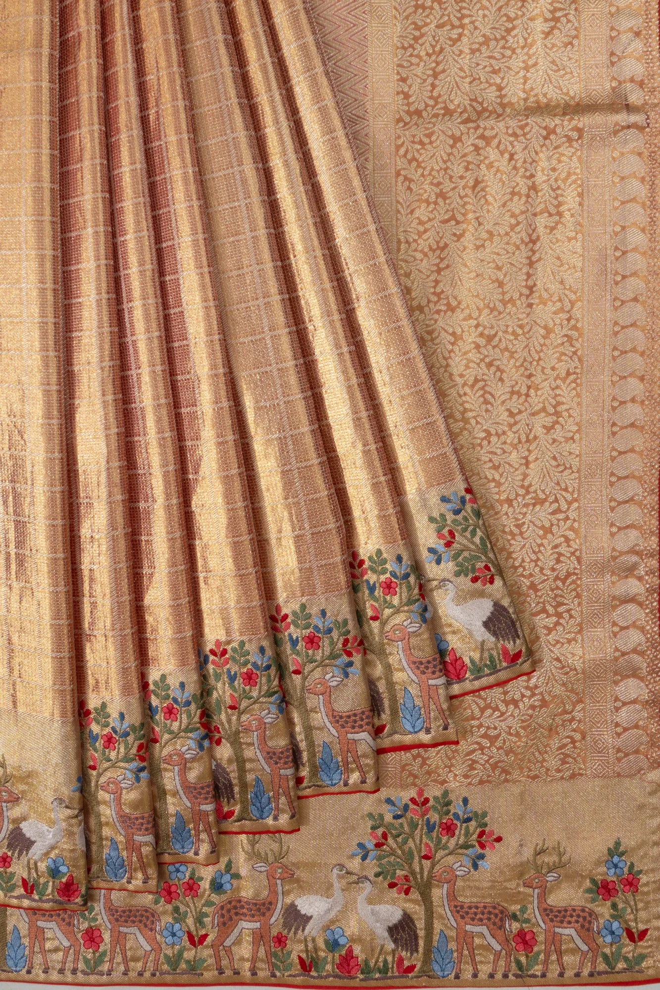 Kanchipuram Silk Tissue Brocade Gold Saree With Embroidery Border