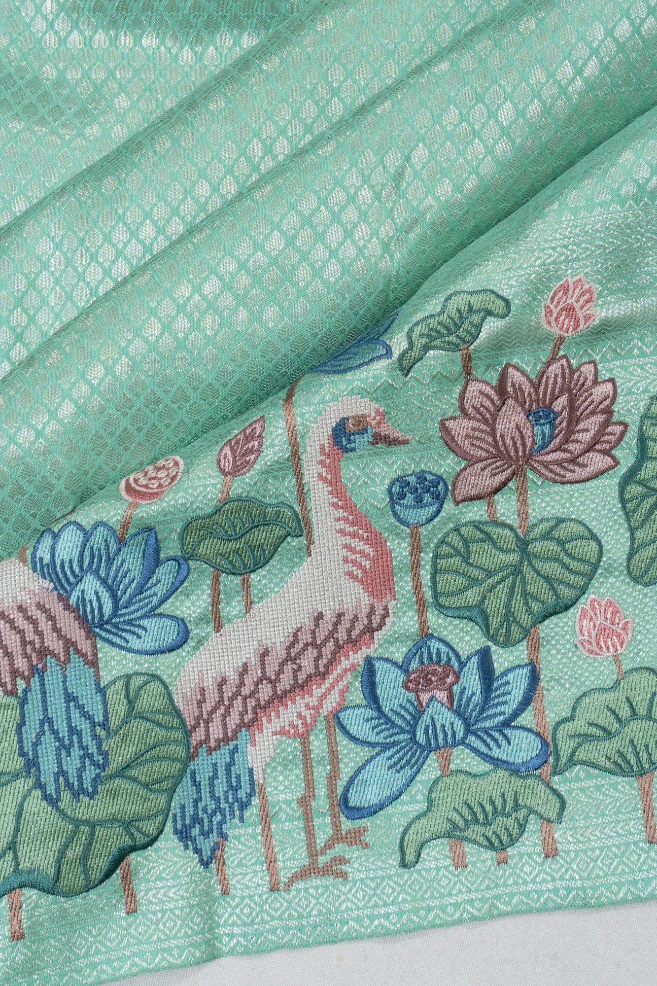 Kanchipuram Silk Brocade Sea Green Saree With Embroidery Border