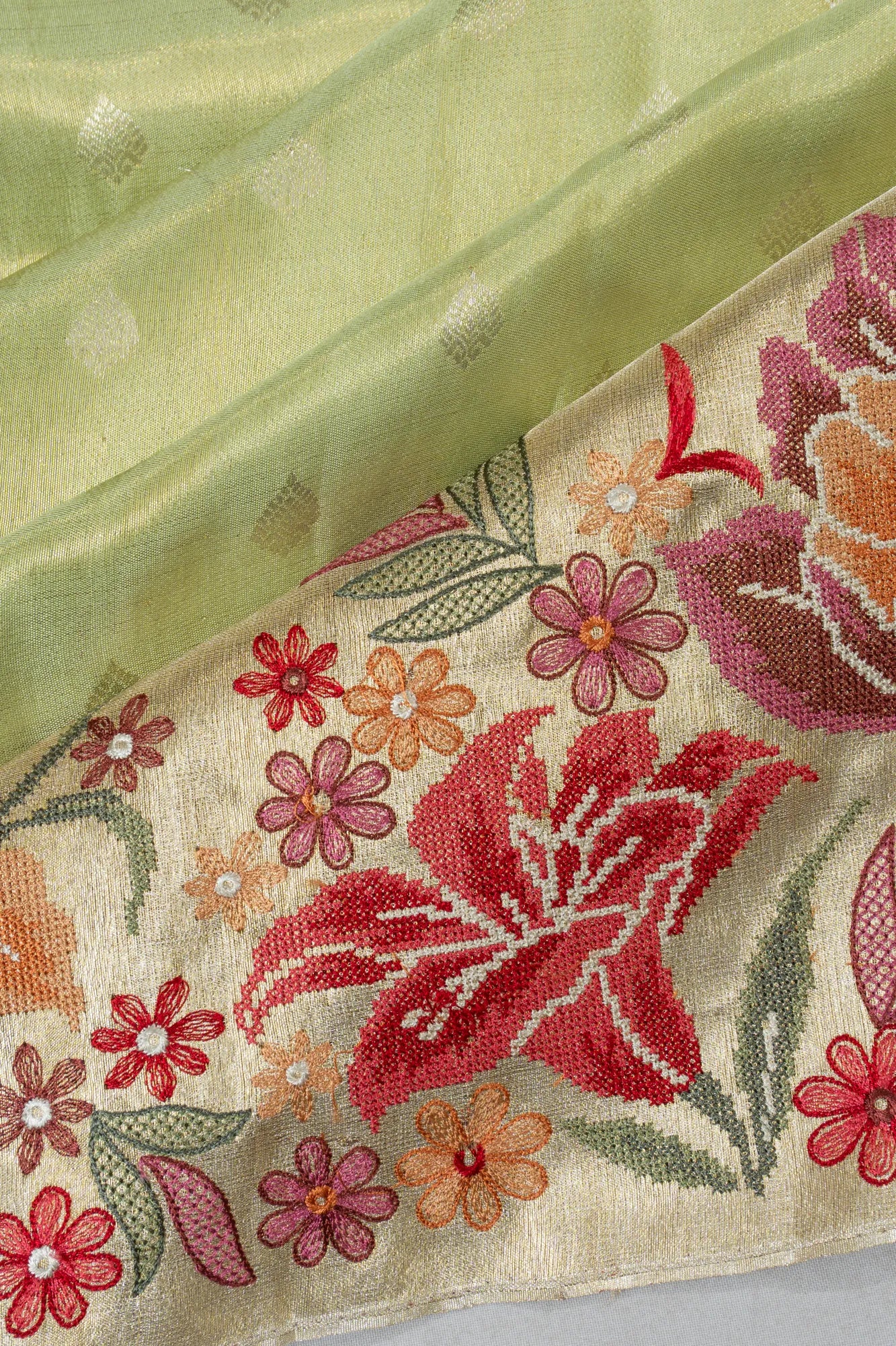 Kanchipuram Silk Tissue Butta Pastel Green Saree With Embroidery Border