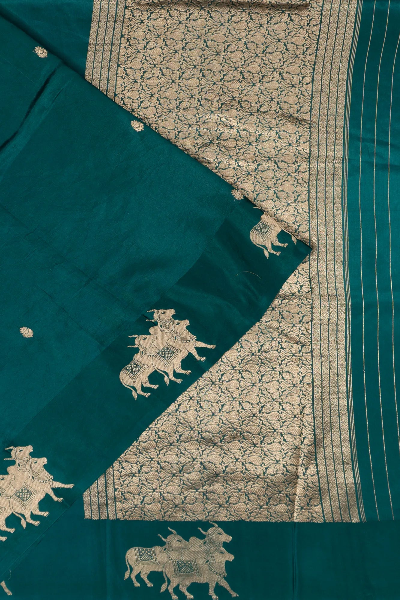 Banarasi Katan Silk Butta Teal Green Saree With Pichwai Border