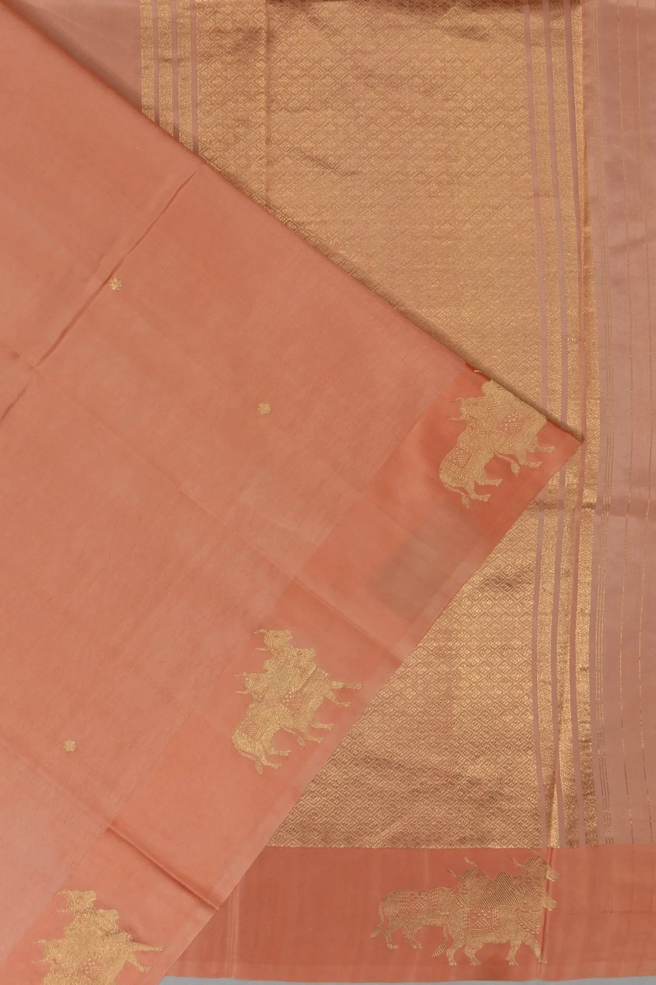 Banarasi Katan Silk Butta Pastel Orange Saree With Pichwai Border