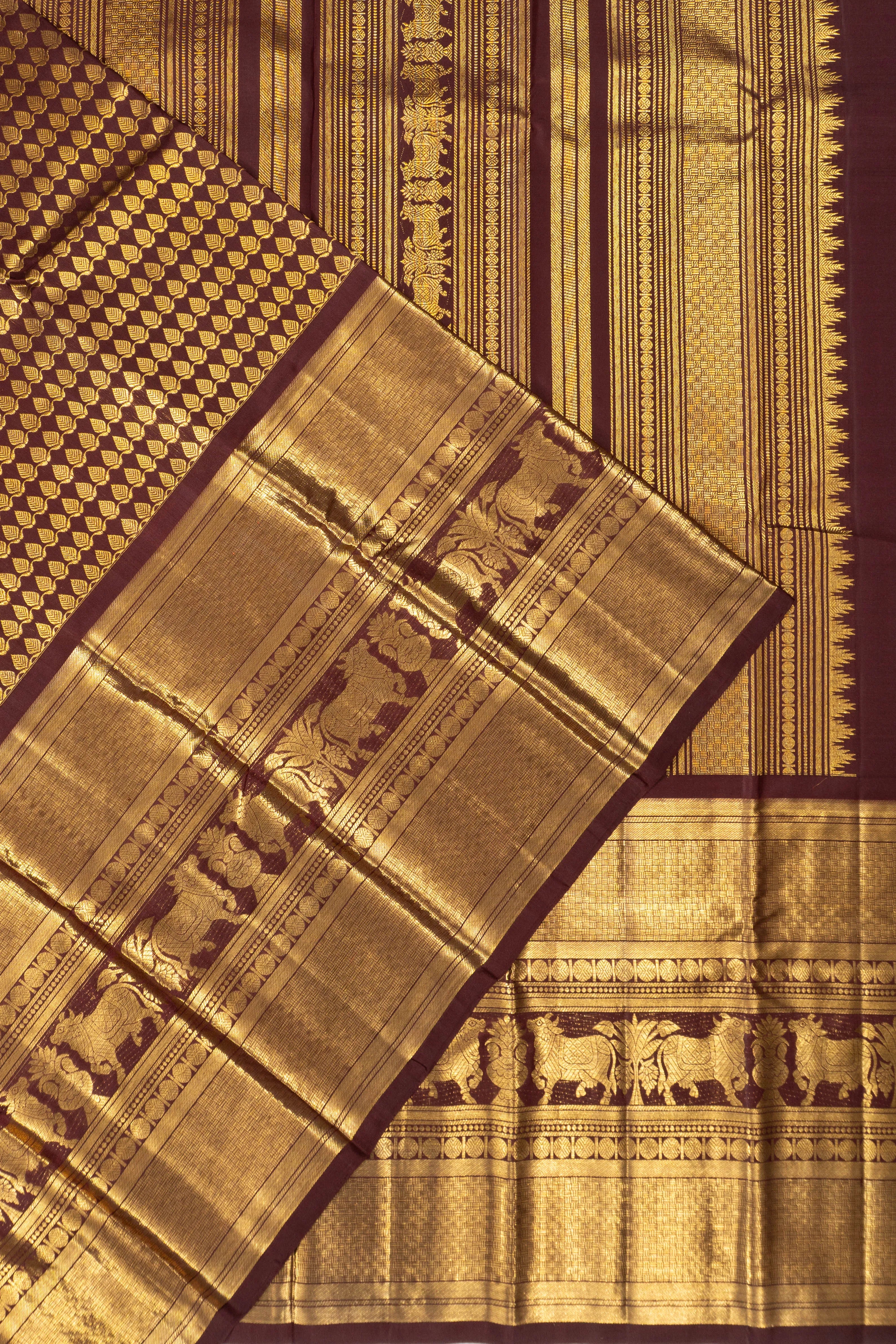 Kanchipuram Silk Brocade Brown Saree With Pichwai Border