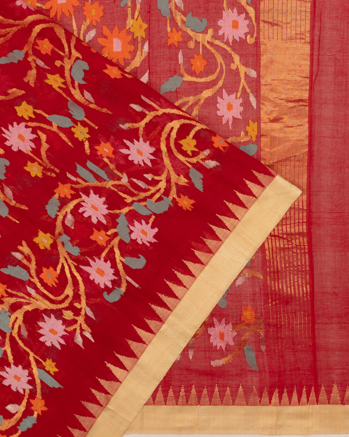 Ponduru Handspun Cotton All Over Jamdani Jaal Red Saree