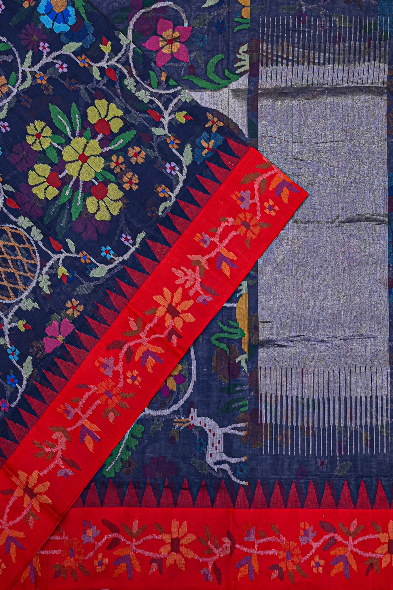 Ponduru Handspun Cotton All Over Jamdhani Jaal Dark Blue Saree