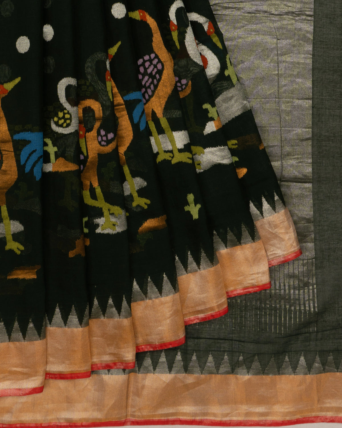 Ponduru Handspun Cotton Jamdani Butta Dark Green Saree