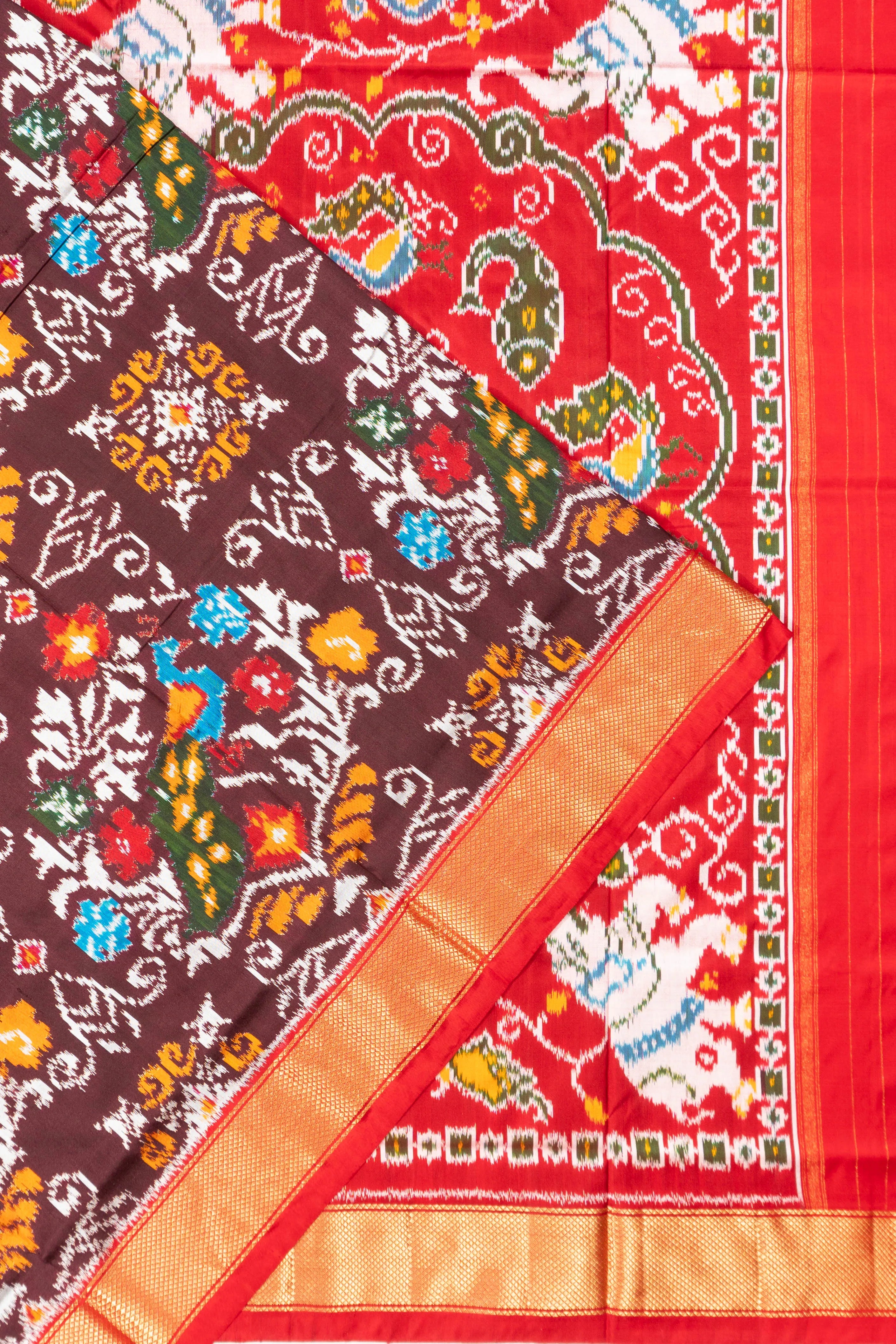 Semi Patan Silk Ikat Brocade Dark Brown Saree