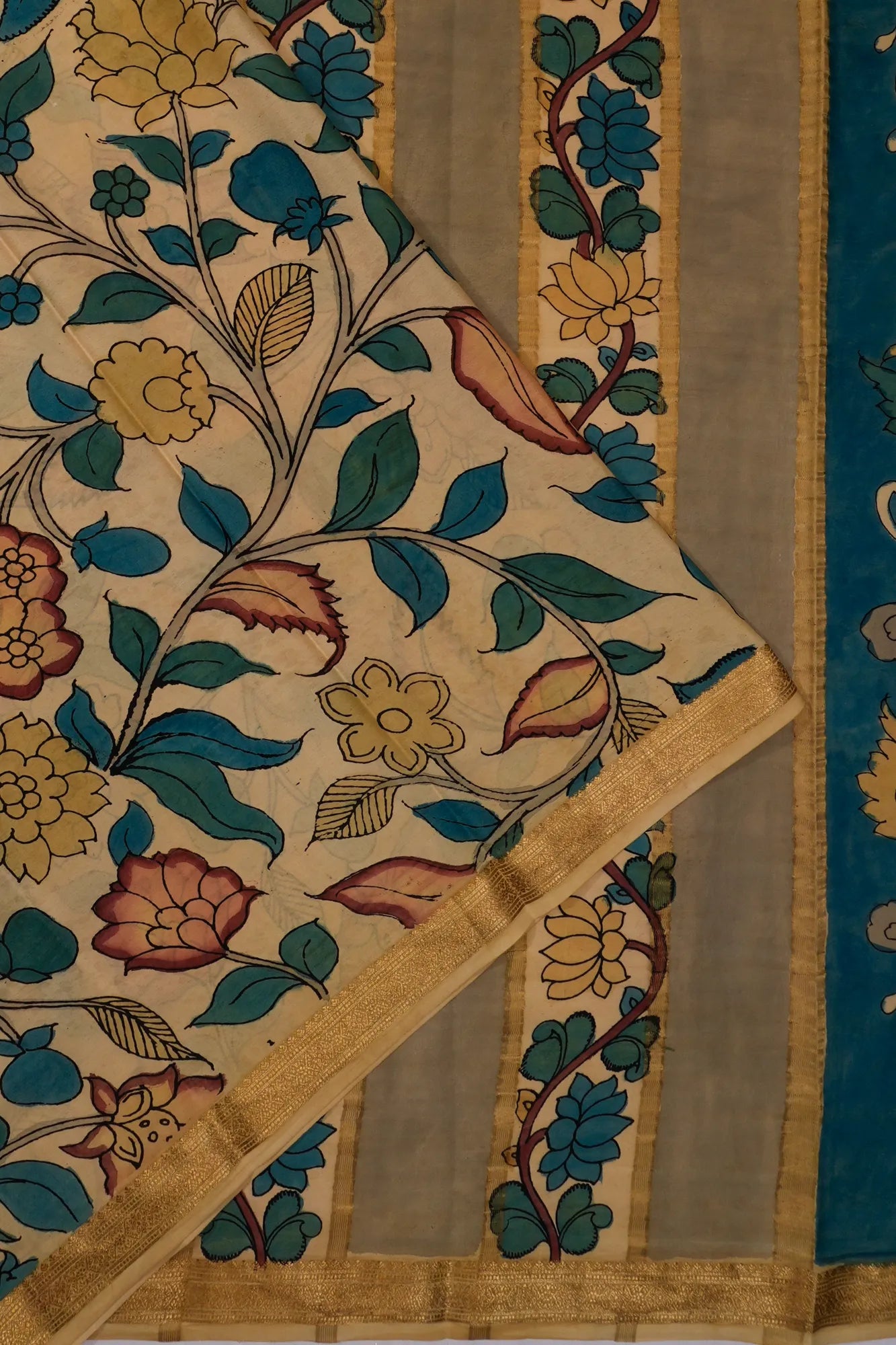 Taranga Kanchi Silk X Hand Painted Kalamkari Beige Saree