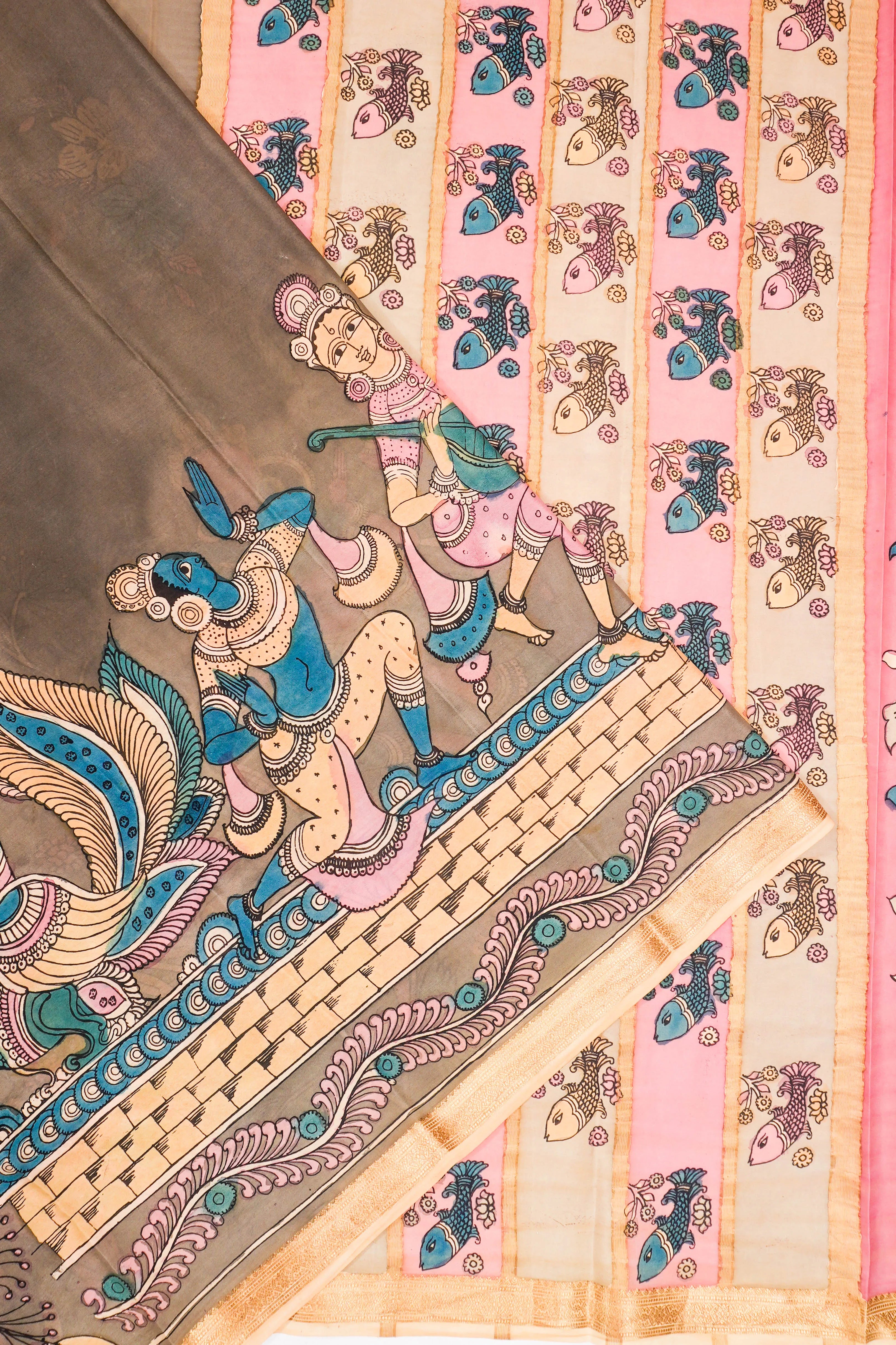 Kalamkari Silk Hand Painted Grey Saree