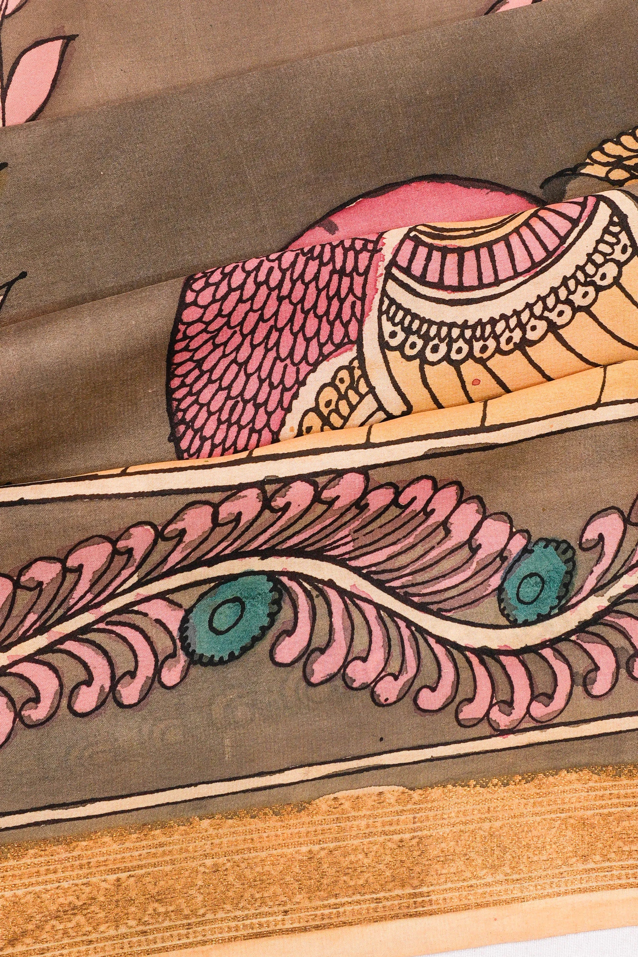 Kalamkari Silk Hand Painted Grey Saree