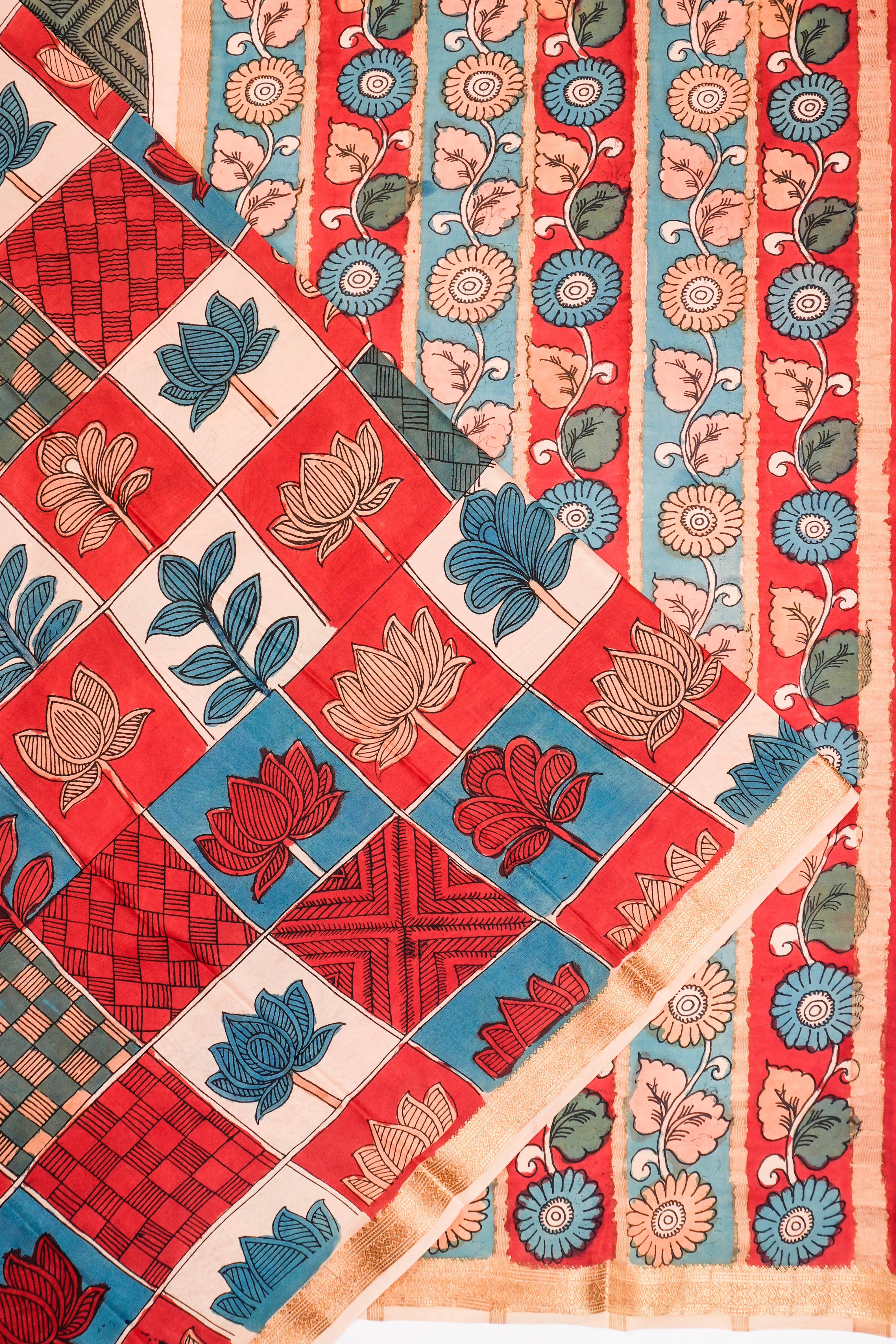 Kalamkari Silk Hand Painted Red Saree