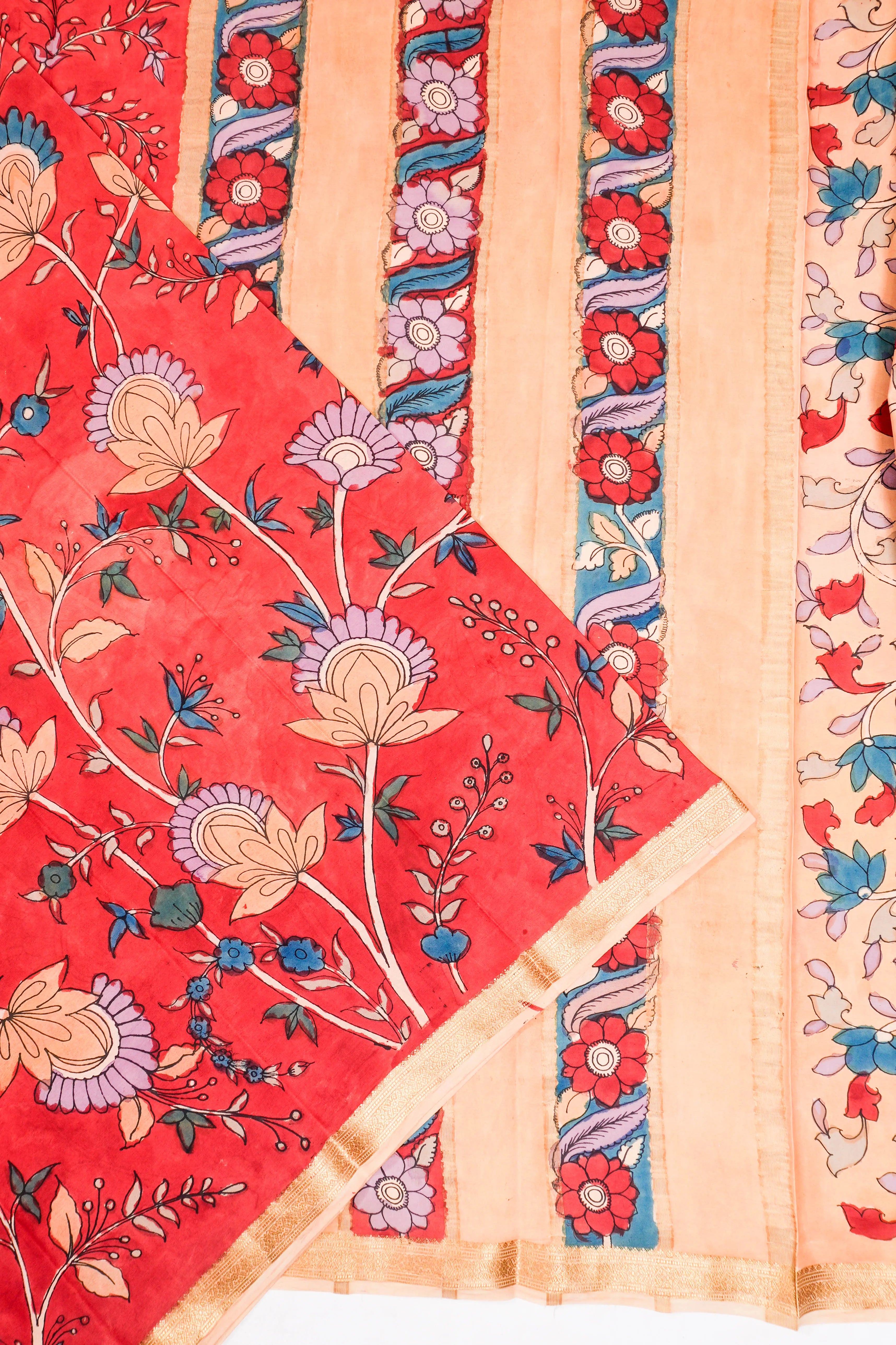 Kalamkari Silk Hand Painted Red Saree