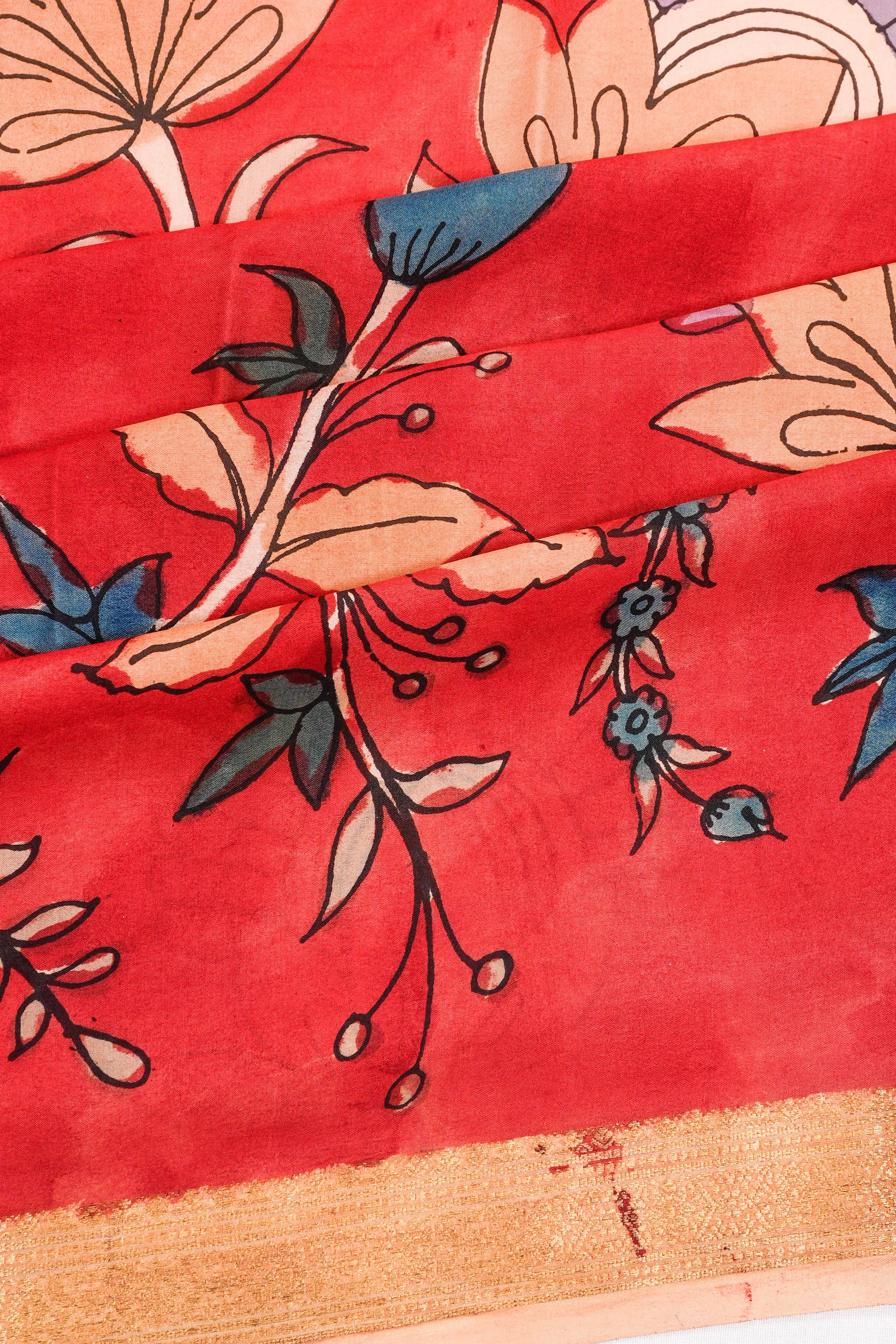 Kalamkari Silk Hand Painted Red Saree