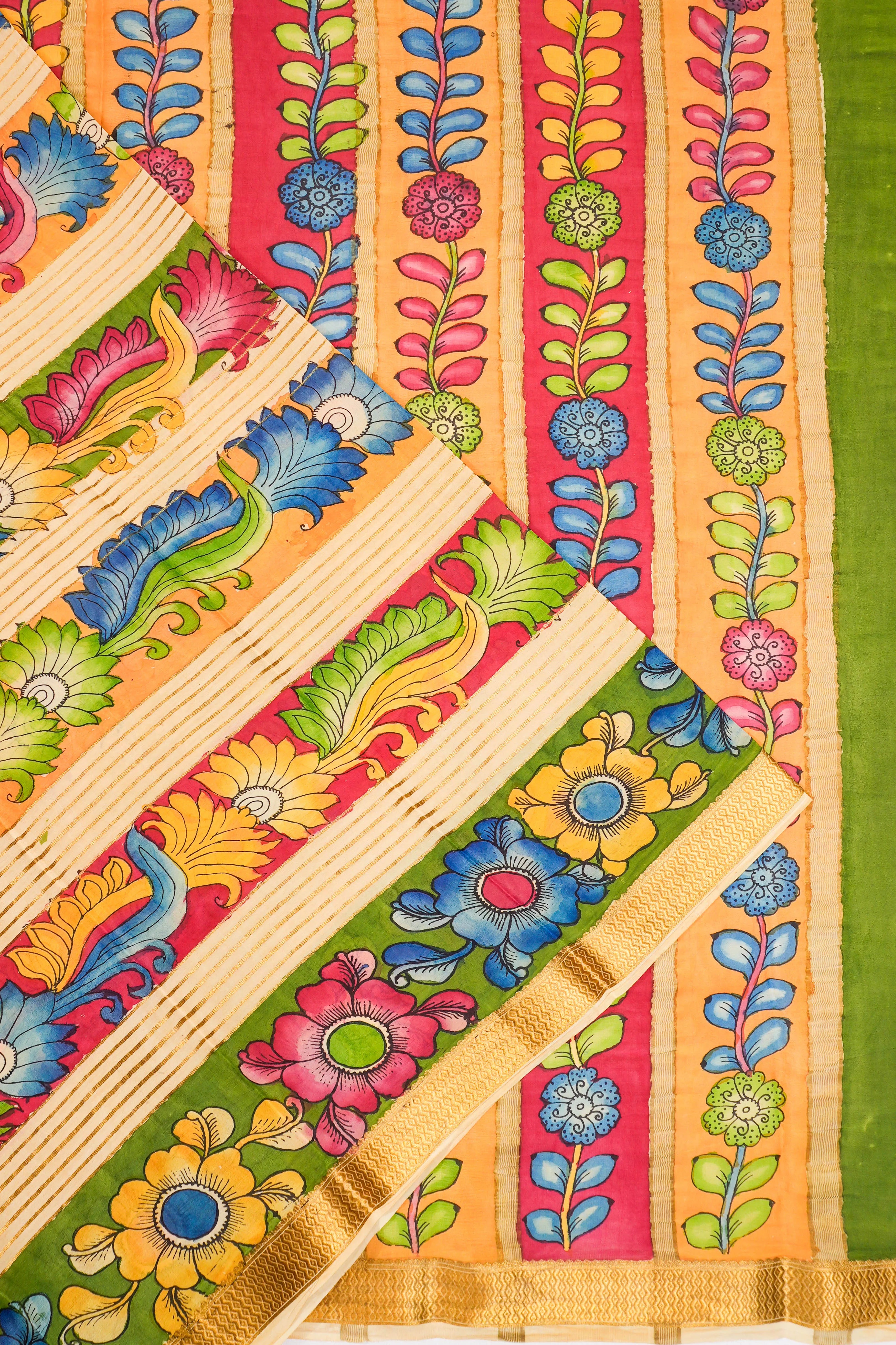 Kalamkari Silk Hand Painted Cream Saree