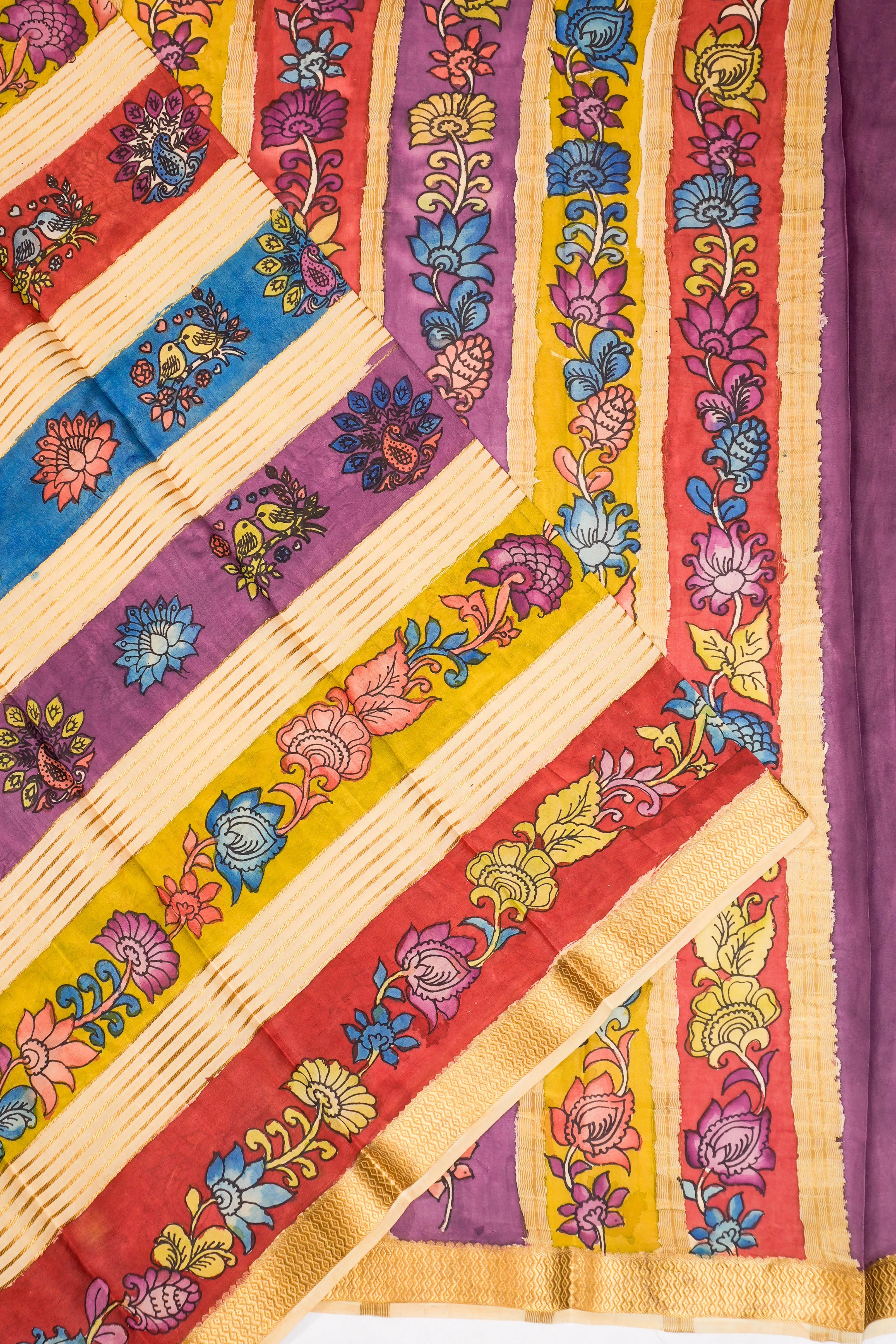 Kalamkari Silk Hand Painted Cream Saree