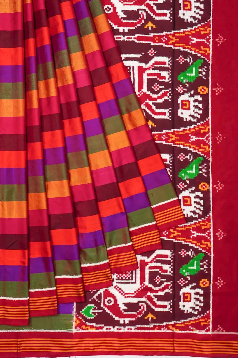 Patan Patola Silk Double Ikat Lines Multicolour Saree