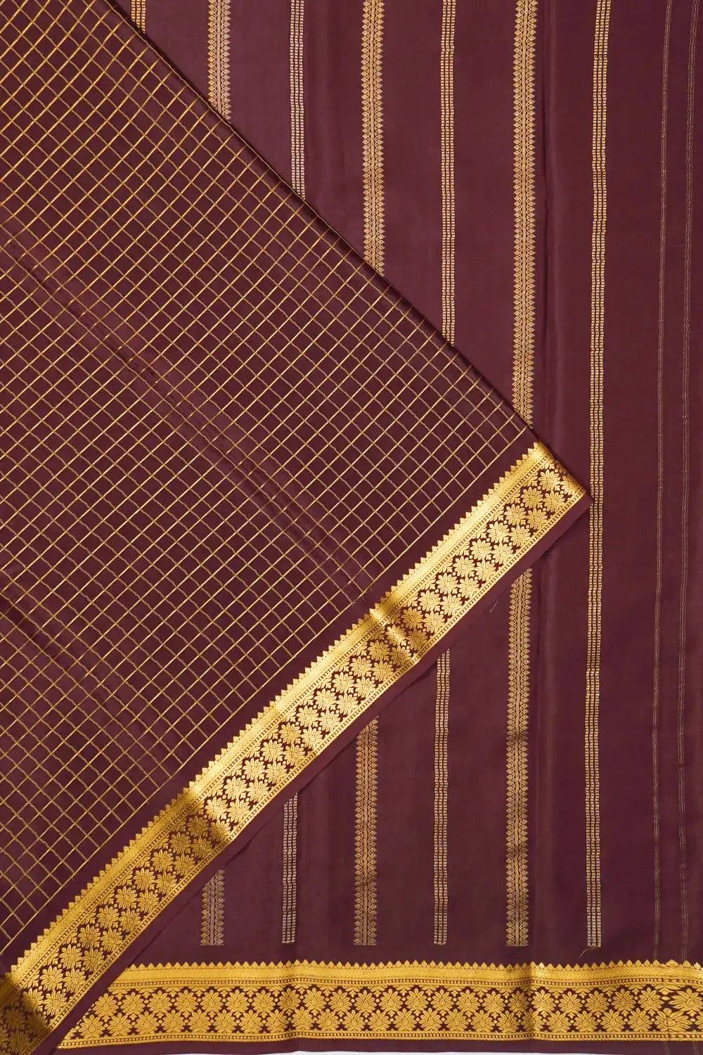 Mysore Silk Checks Dark Brown Saree