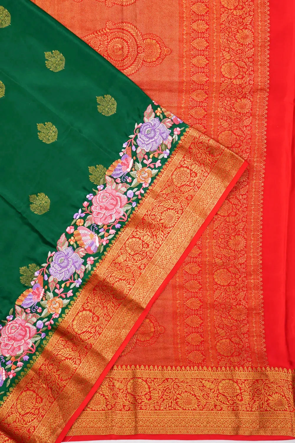 Mysore Silk Butta Dark Green Saree With Embroidery