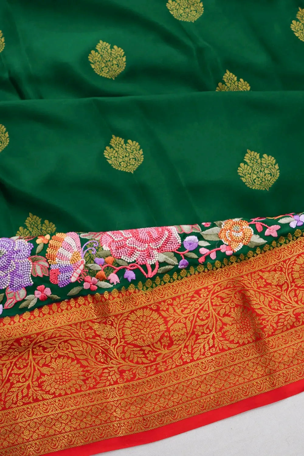 Mysore Silk Butta Dark Green Saree With Embroidery