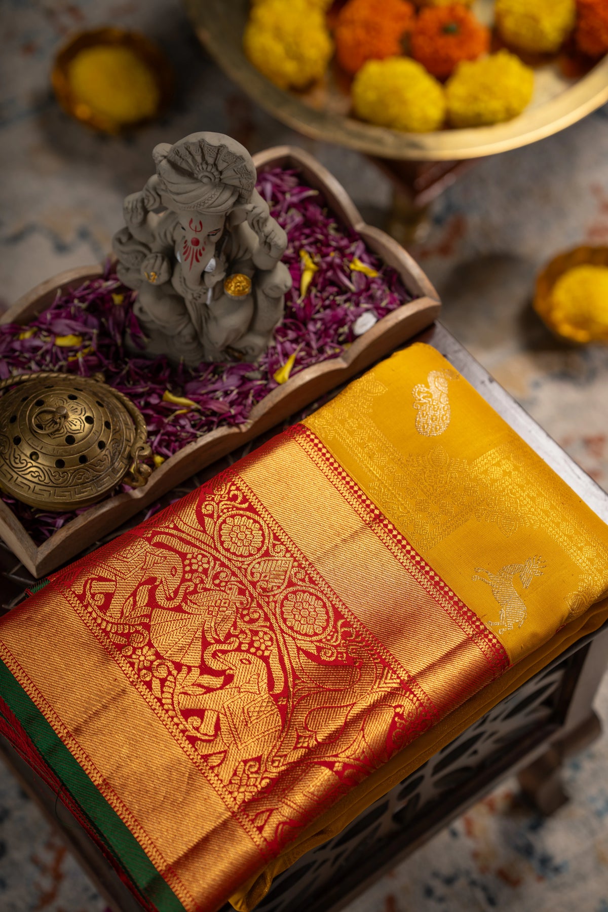 Kanchipuram Silk Brocade Yellow Saree