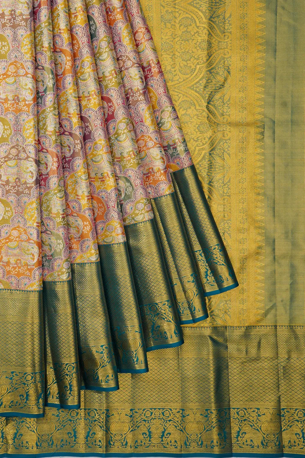 Kanchipuram Silk Tissue Brocade Multicolour Saree