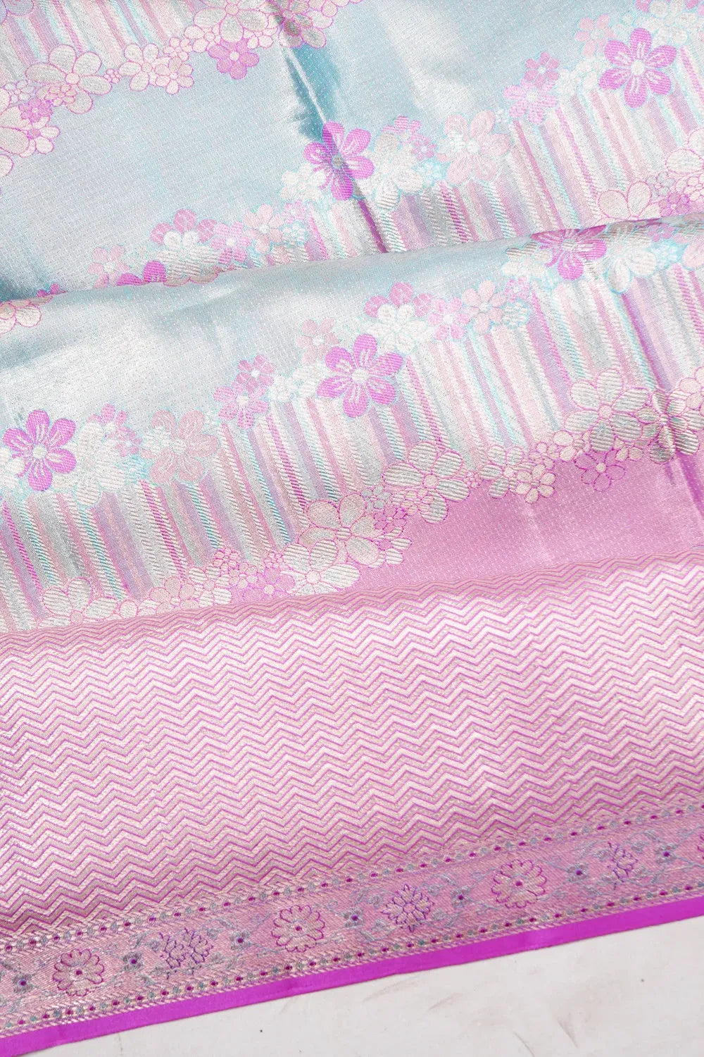 Kanchipuram Silk Tissue Brocade Pink And Blue Saree