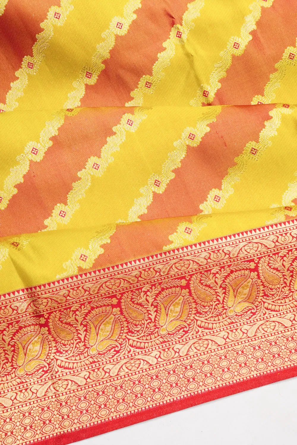 Kanchipuram Silk Tissue Leheriya Jaal Yellow And Red Saree