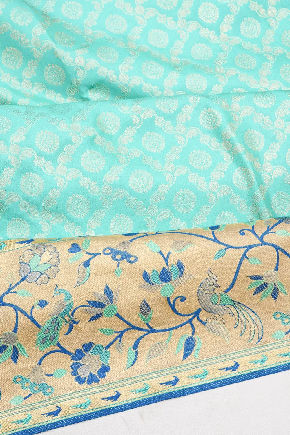 Kanchipuram Silk Jaal And Butta Sea Green Saree