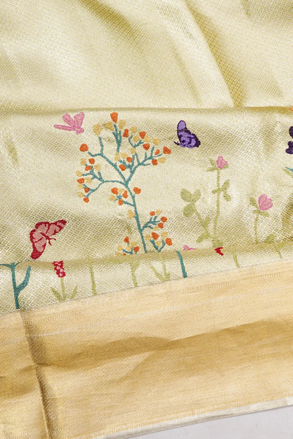 Kanchipuram Silk Tissue Brocade Cream Saree With Embroidery