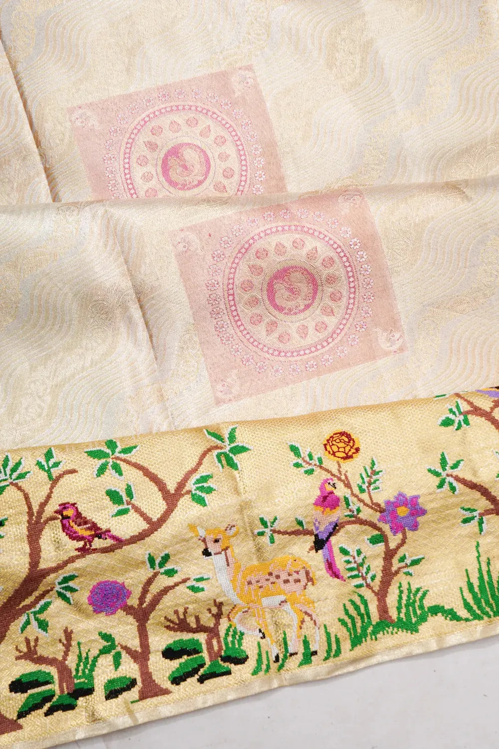 Kanchipuram Silk Tissue Brocade Silver Saree With Embroidery Border