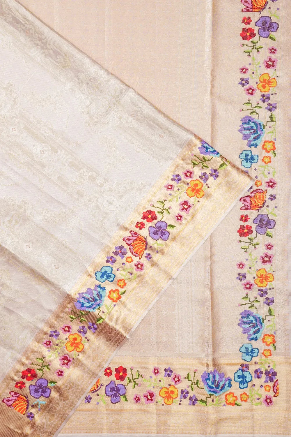 Kanchipuram Silk Tissue Brocade Silver Saree With Embroidery Border