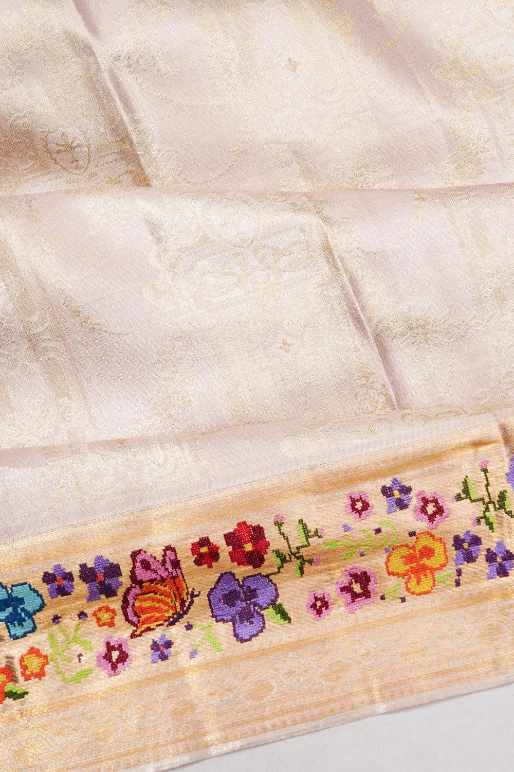 Kanchipuram Silk Tissue Brocade Silver Saree With Embroidery Border